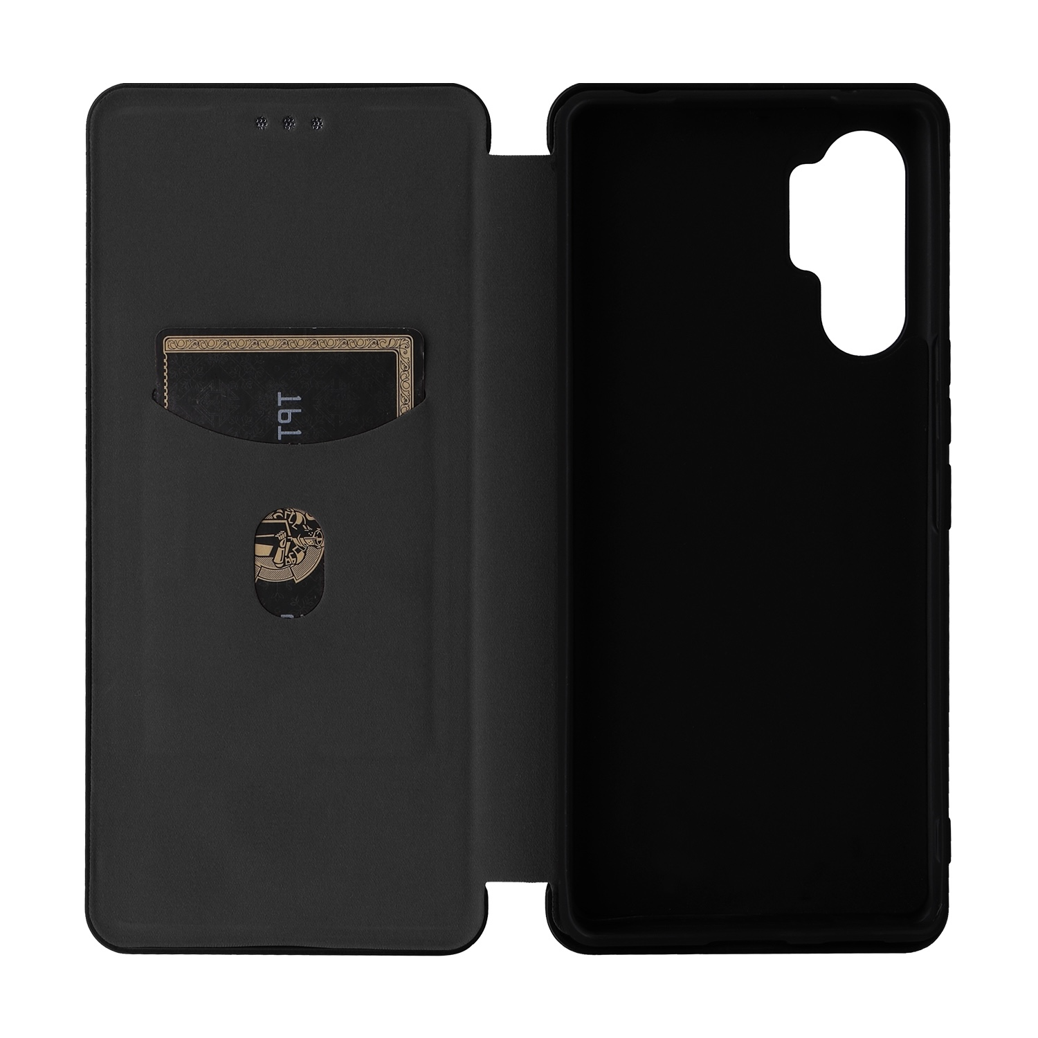 Schwarze Handyhülle im Brieftaschenstil, offen, mit Kartenfach und Handyhalter. Die Hülle ist leer.