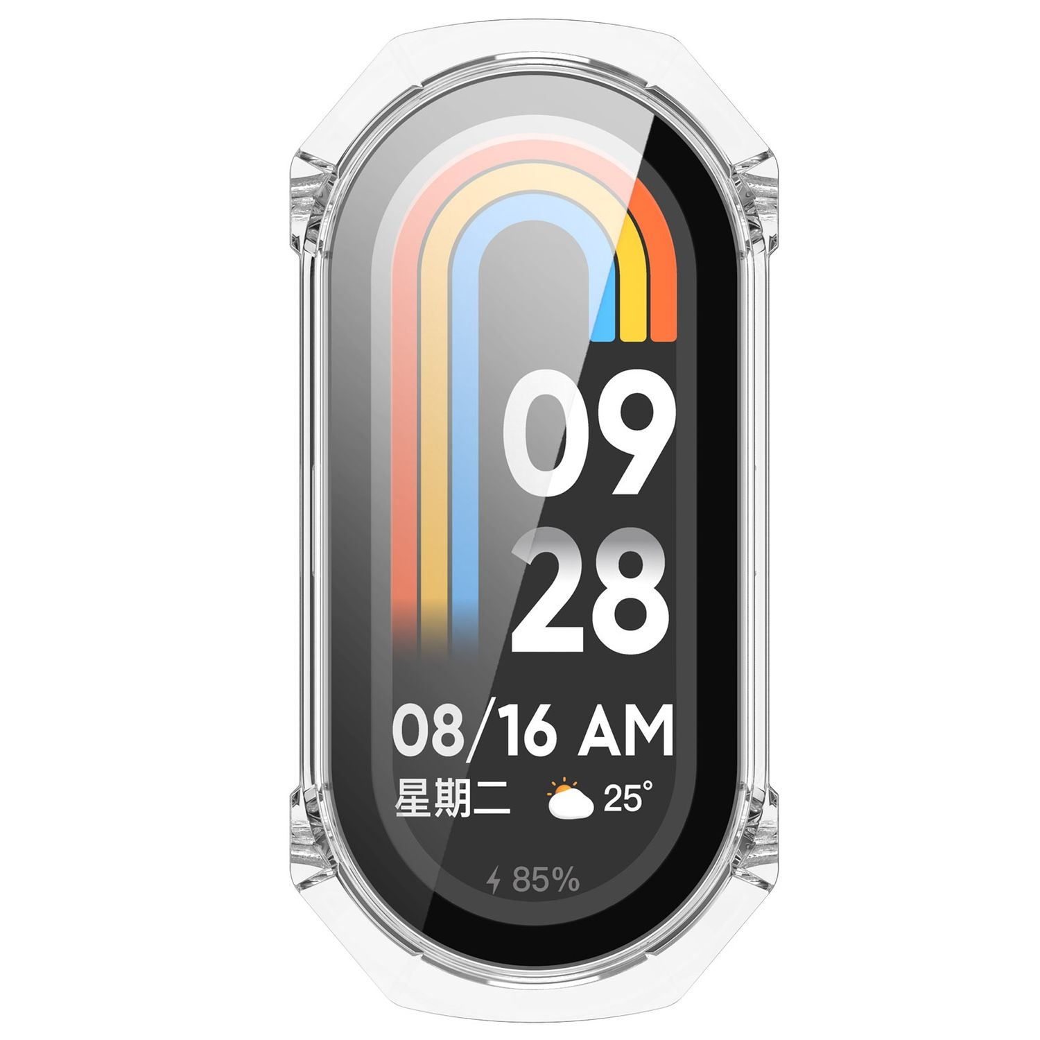 Smartwatch mit Datums- und Zeitanzeige, umhüllt von einer durchsichtigen Schutzhülle. Hintergrund ist weiß.
