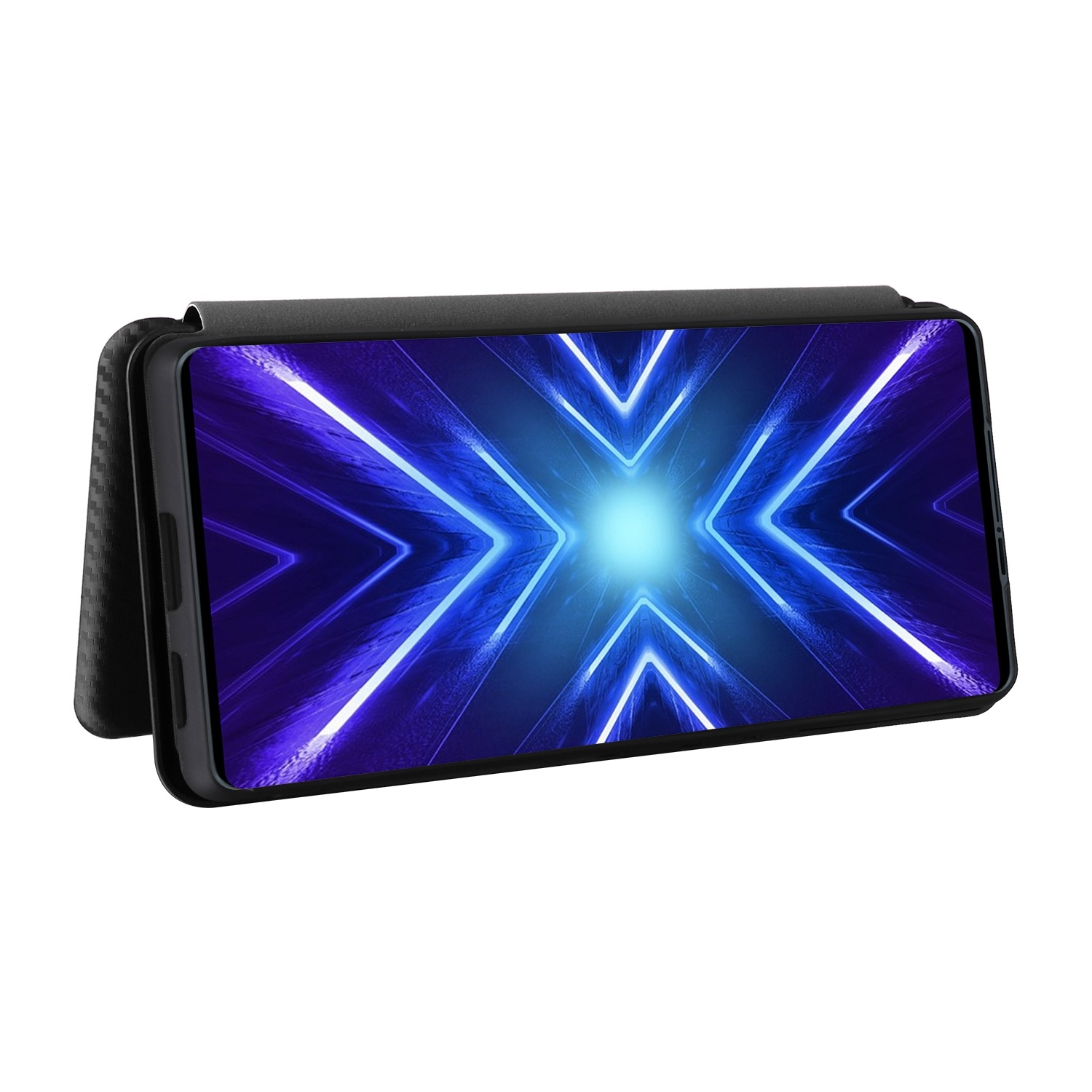 Eine schwarze Handyhülle mit blauem Neonlicht-Design auf dem Bildschirm.