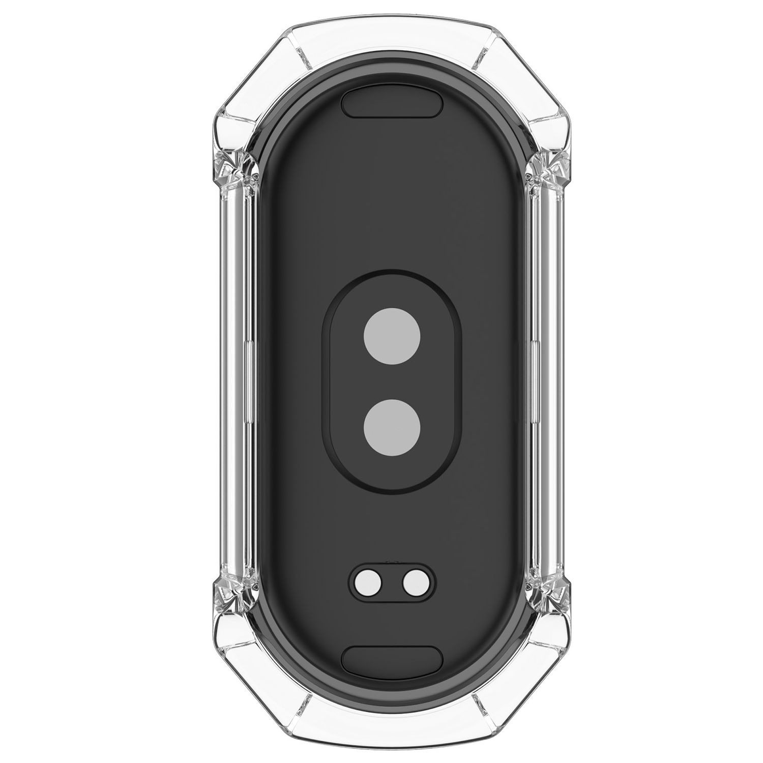 Eine transparente Hülle für einen Fitness-Tracker mit schwarzer Rückseite und zwei Sensoren.