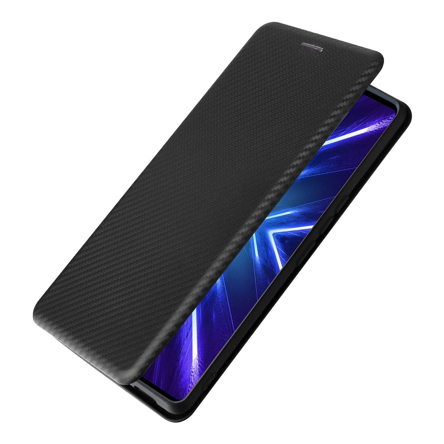 Eine schwarze Handyhülle mit einem Karbonfasermuster, offen, um einen Telefonbildschirm zu zeigen.