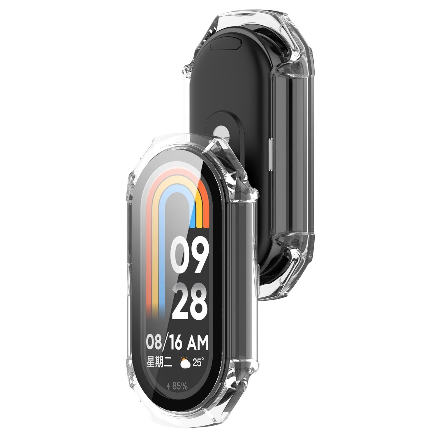Transparente Schutzhülle für eine Smartwatch mit Datumsanzeige auf weißem Hintergrund.