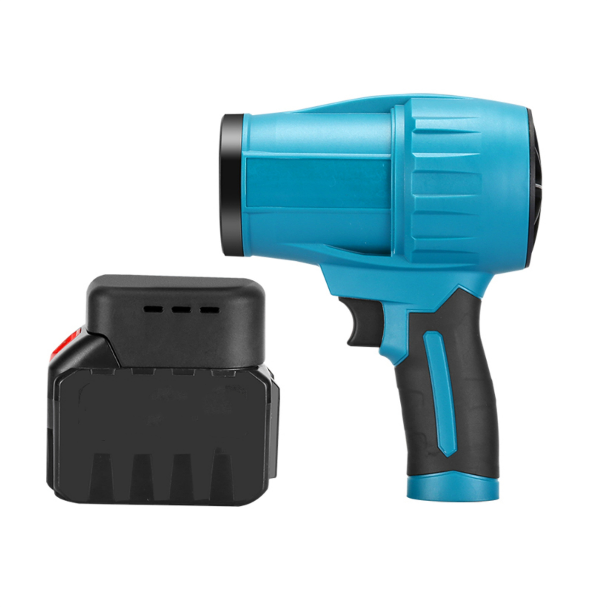 Blaue und schwarze Taschenlampe und Batterie auf weißem Hintergrund.