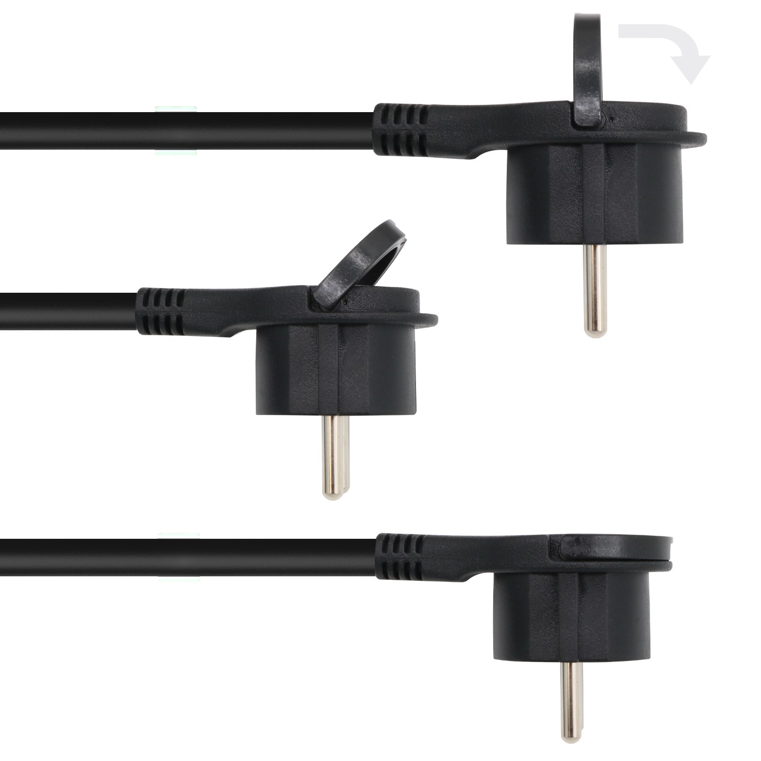 Elektrischer Stecker aus verschiedenen Winkeln. Der Hintergrund ist weiß.
