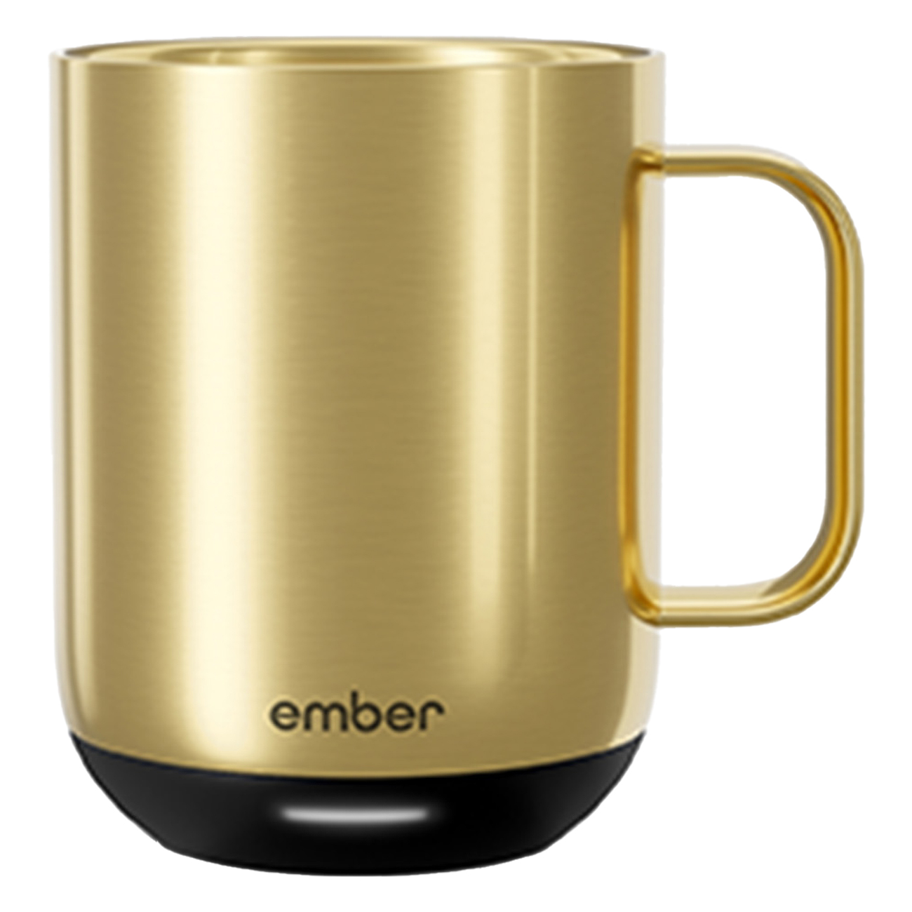 Goldfarbener Ember-Becher mit schwarzem Boden und Henkel, isoliert auf weißem Hintergrund.