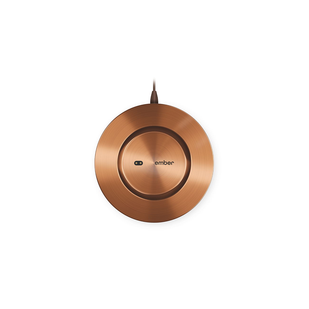 Scaldatazze Ember color rame su superficie bianca. Logo Ember visibile.