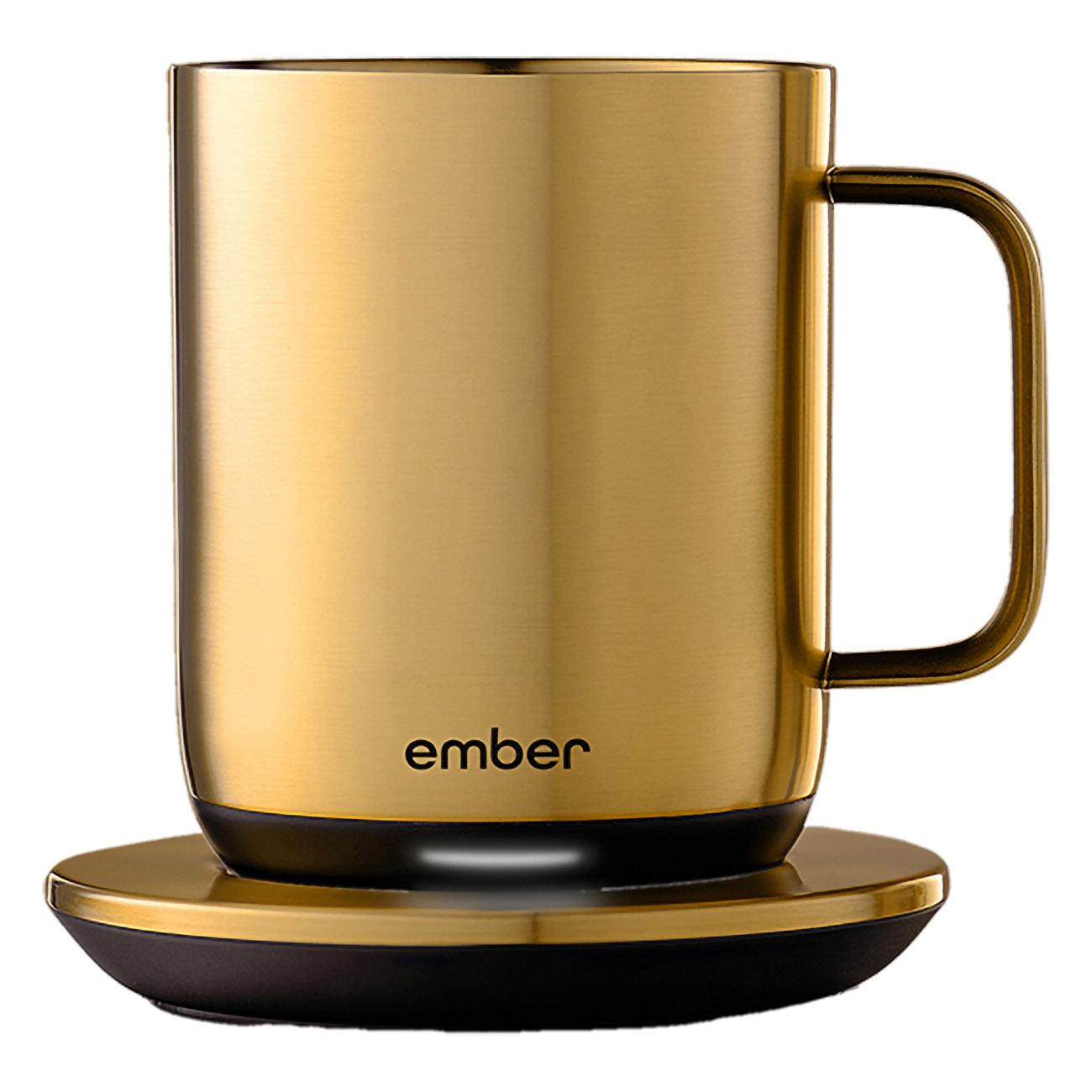 Goldfarbener Ember-Becher auf einem schwarzen Untersetzer. Der Becher hat einen Griff und den Markennamen 'ember'.