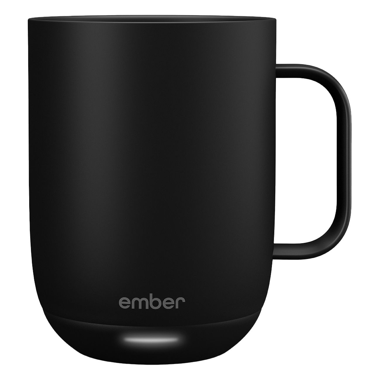 Tazza Ember nera con manico, su sfondo bianco. La tazza ha il logo 'ember'.