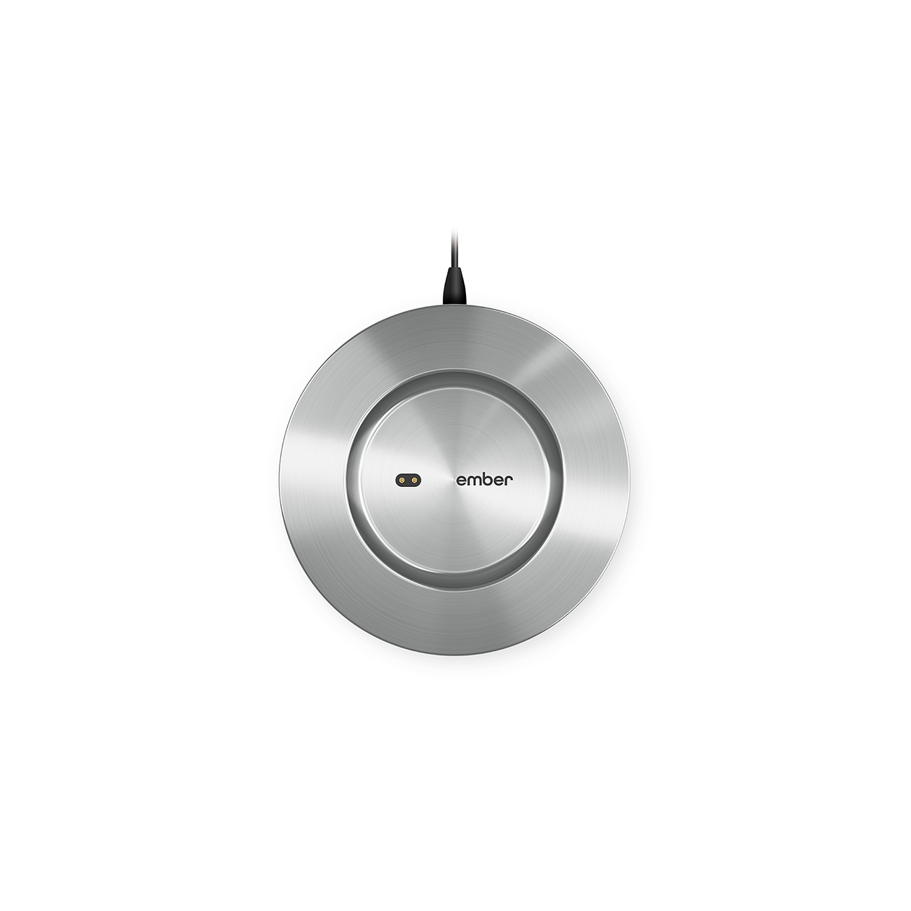 Un calentador de tazas Ember plateado sobre un fondo blanco. El logotipo de Ember está en la superficie.