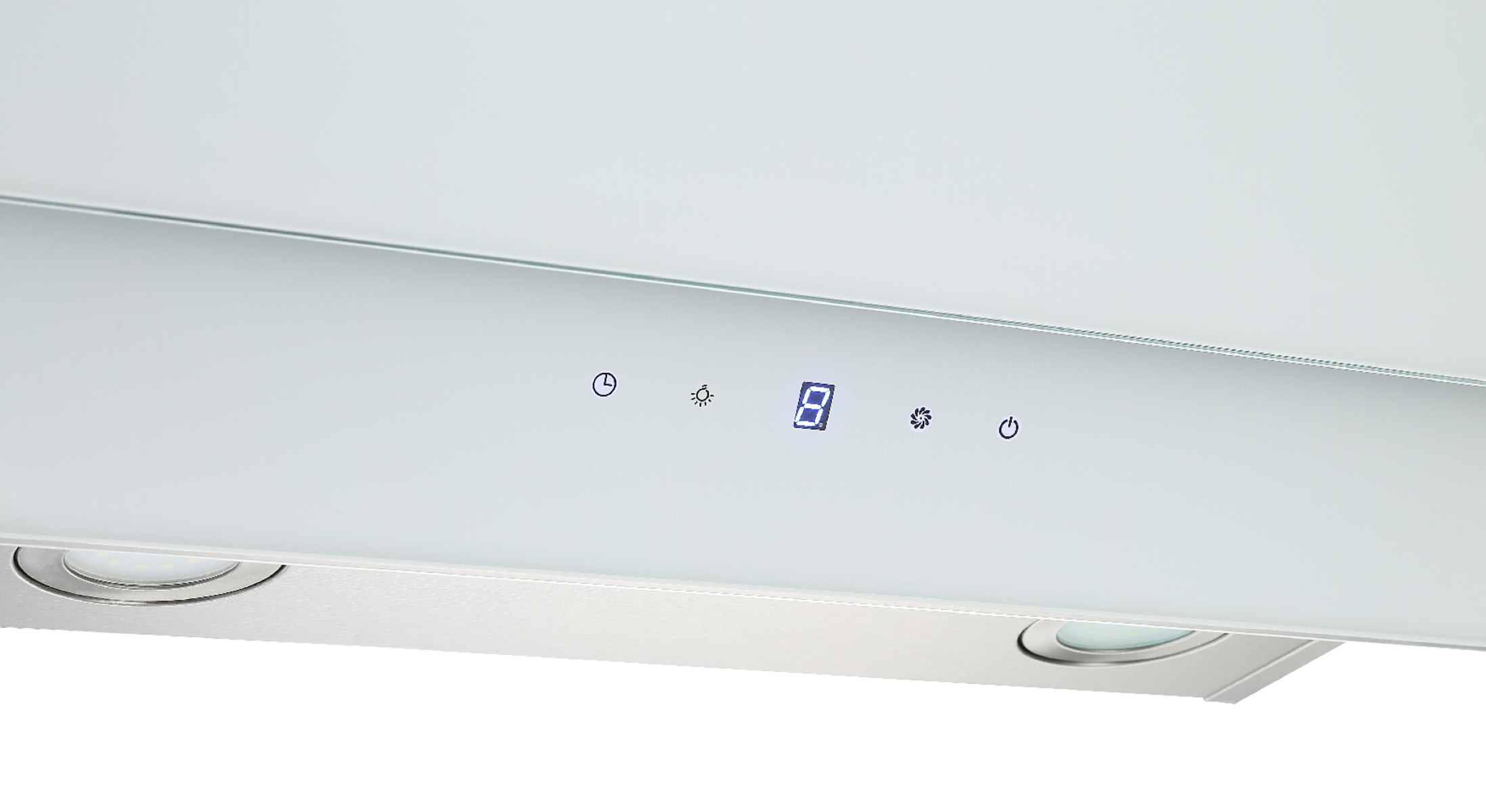 Close-up of a white range hood control panel with icons and a digital display.