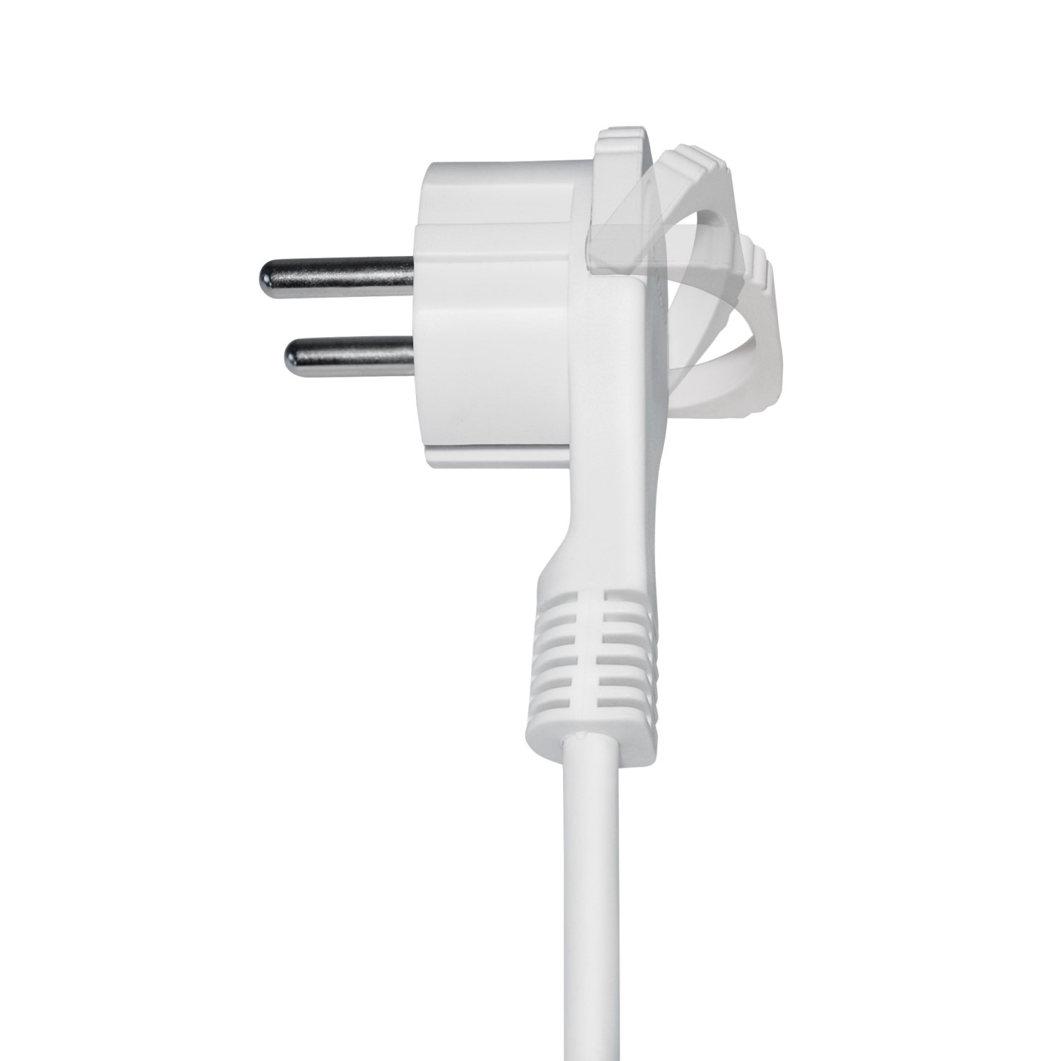 Weißer Netzstecker mit Kabel. Der Stecker hat zwei Stifte. Das Kabel ist mit dem Stecker verbunden. Weißer Hintergrund.