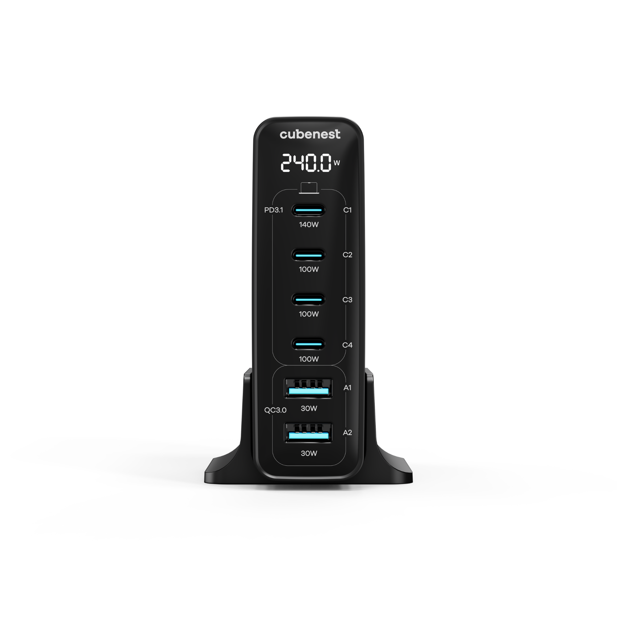 Caricabatterie nero con più porte e un display che mostra 240,0 W. Sfondo bianco.