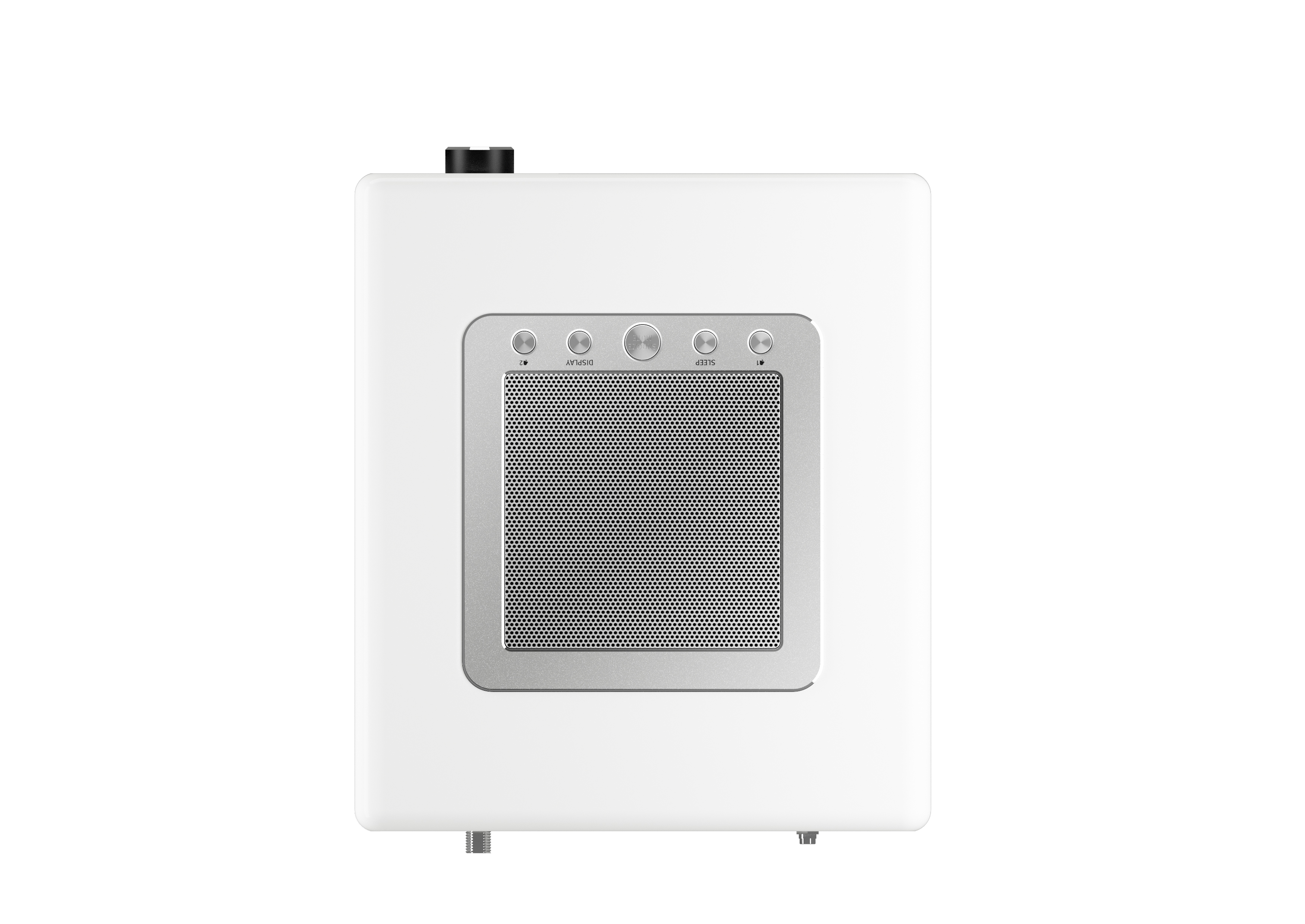 Witte speaker met een zilveren grill en knoppen.