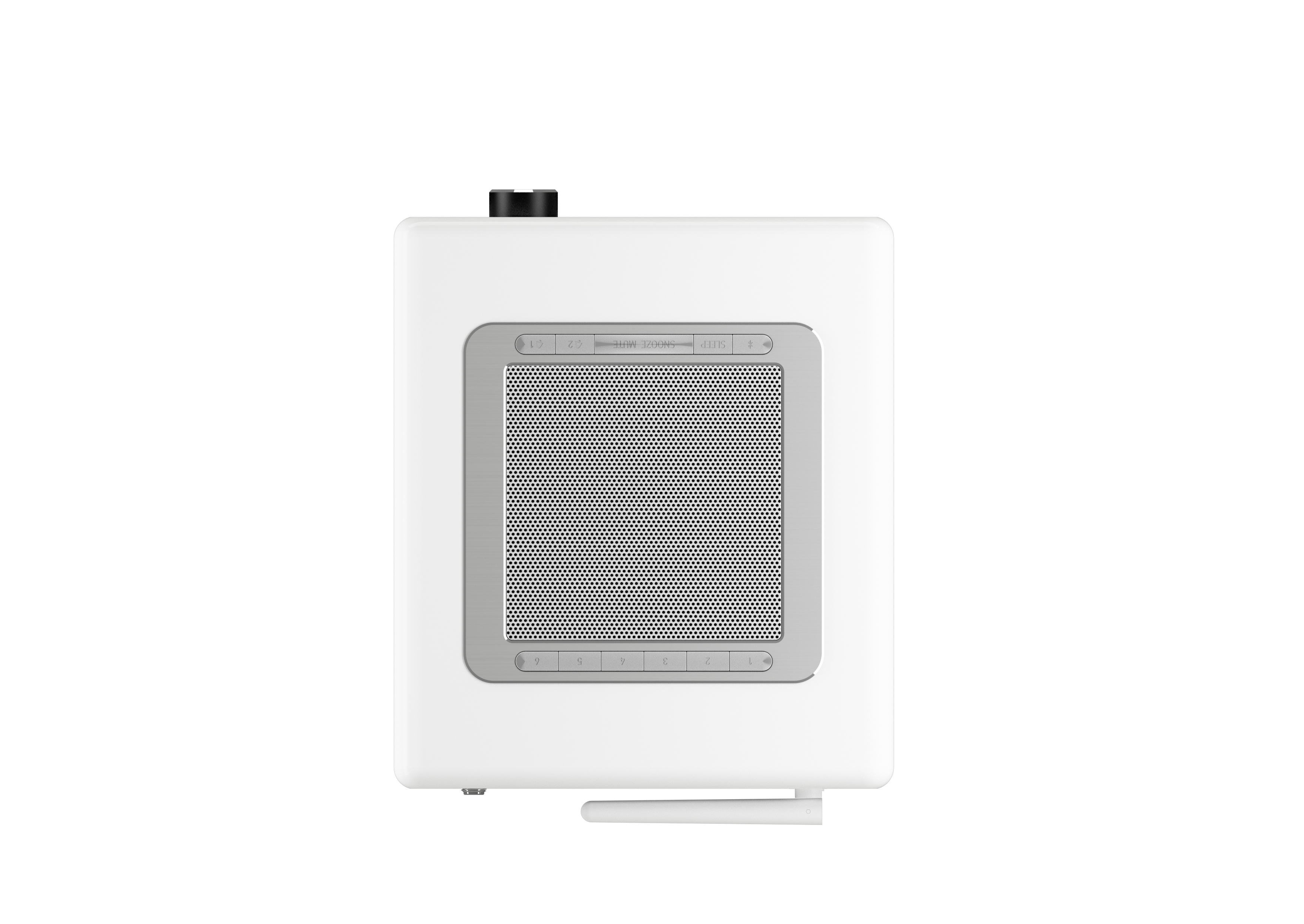 White speaker with a metallic mesh in the center. It has a few buttons and a simple design.