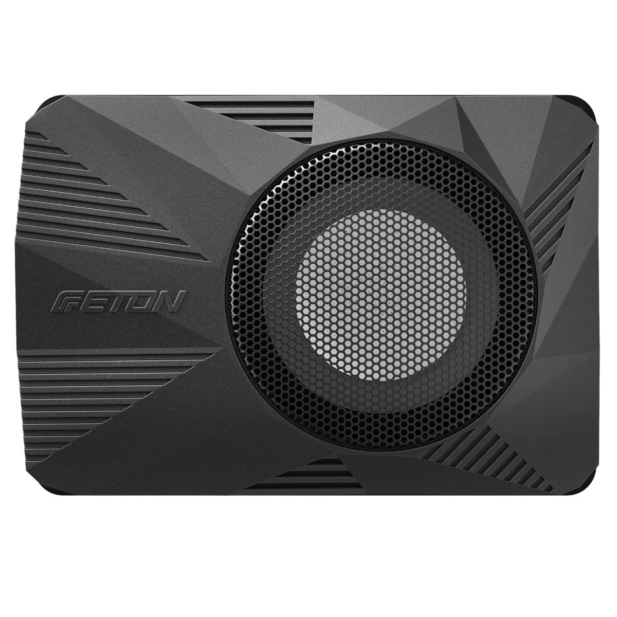 Schwarzer Subwoofer mit strukturierter Front und kreisförmigem Lautsprecher in rechteckiger Form.