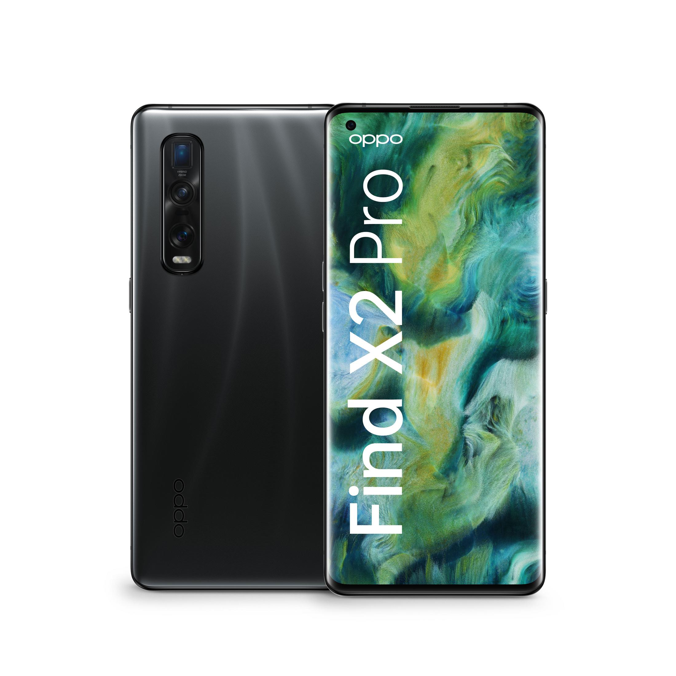 Schwarzes Oppo Find X2 Pro Telefon, Vorder- und Rückansicht.