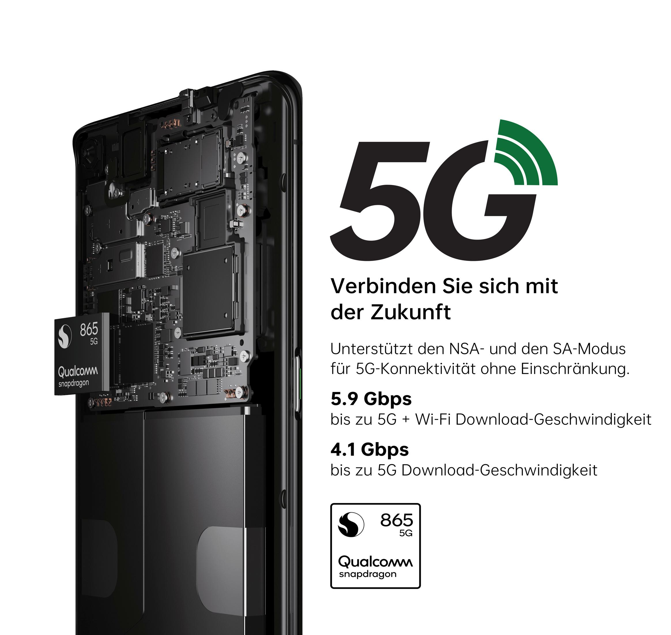 Ein Smartphone mit transparenter Innenansicht und 5G-Logo. Text zur 5G-Konnektivität ist vorhanden.