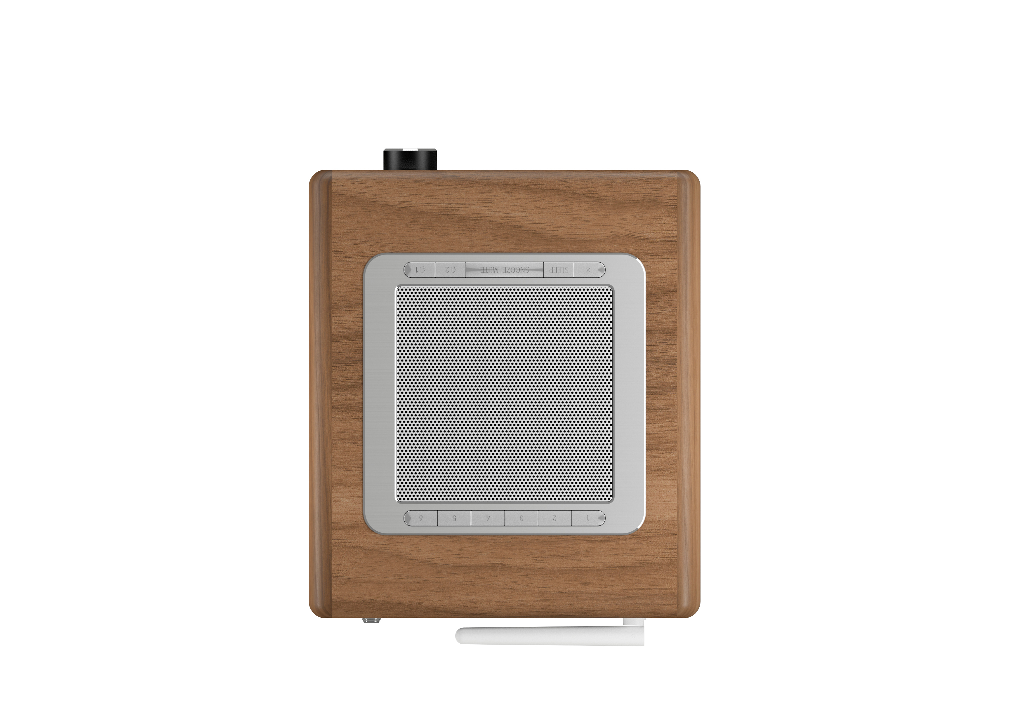 Top view of a wooden speaker with a silver grill.