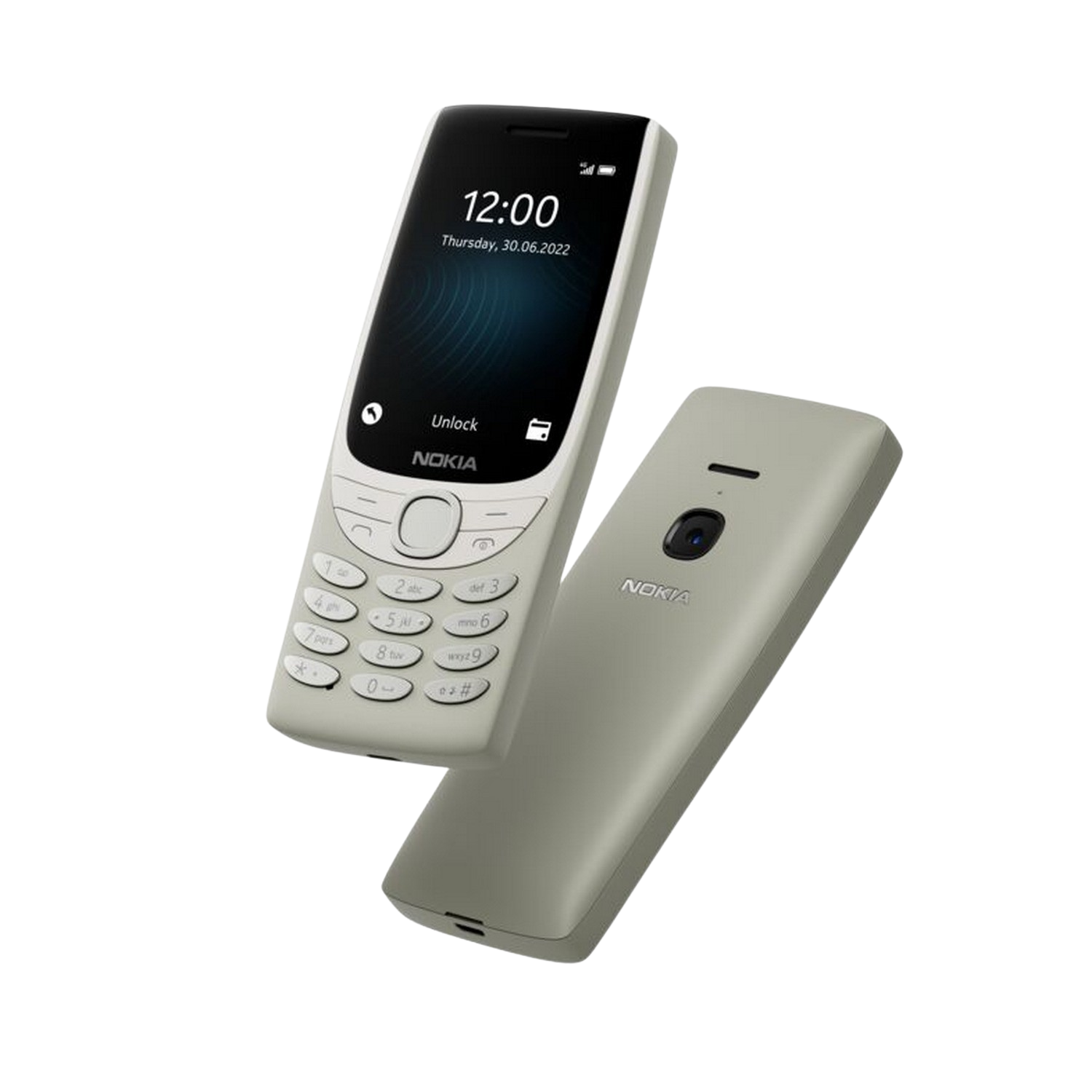 Due telefoni Nokia, uno mostra l'ora e l'altro il retro.