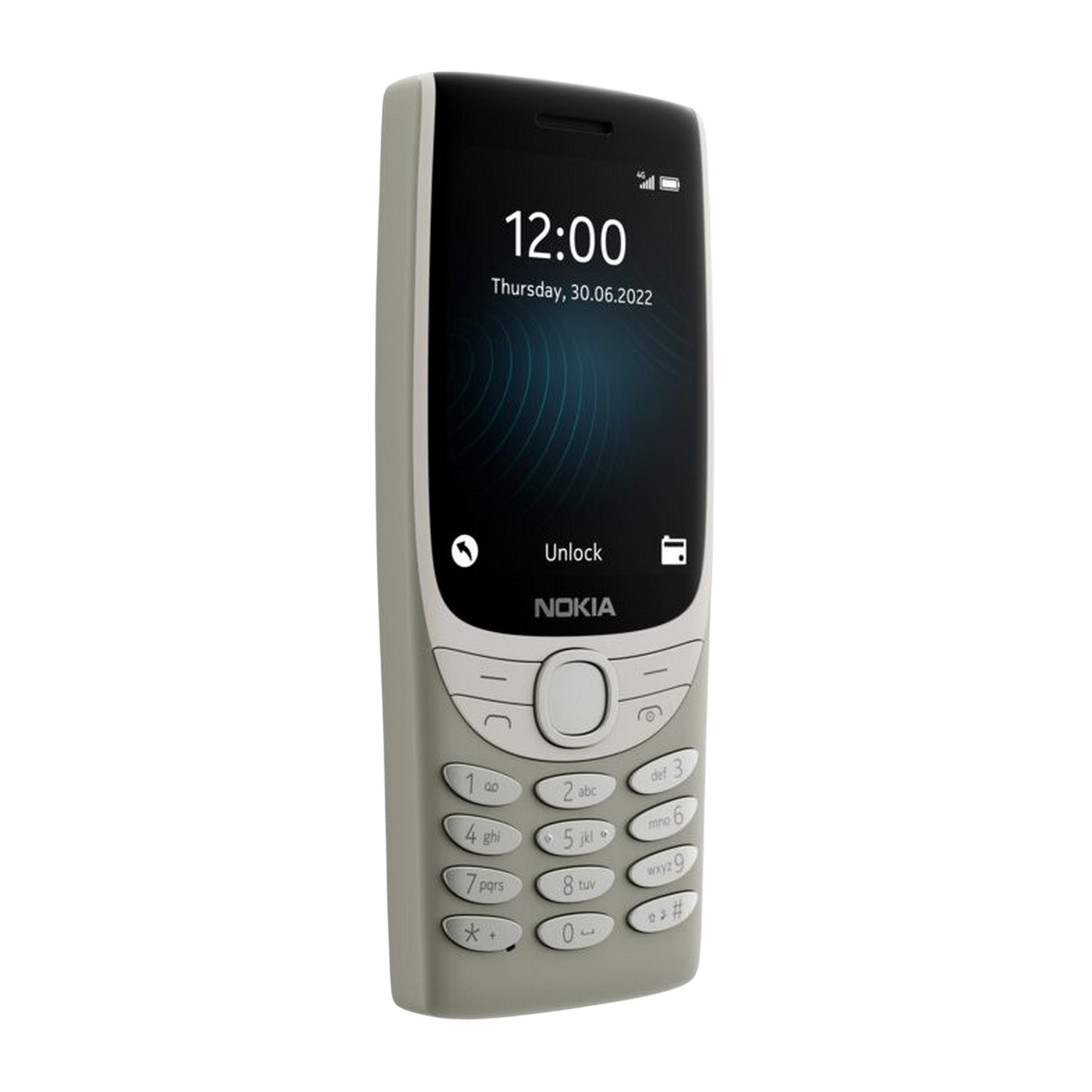 Telefono cellulare Nokia. Corpo grigio con schermo nero che mostra l'ora. Sfondo bianco.