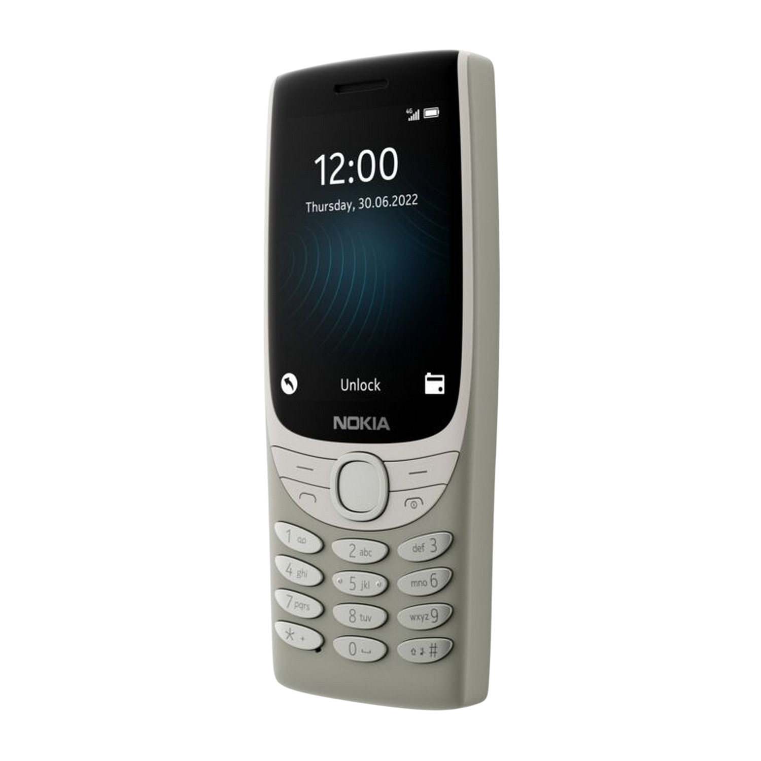 Un telefono dal design classico. È grigio chiaro e ha uno schermo nero con un orologio.