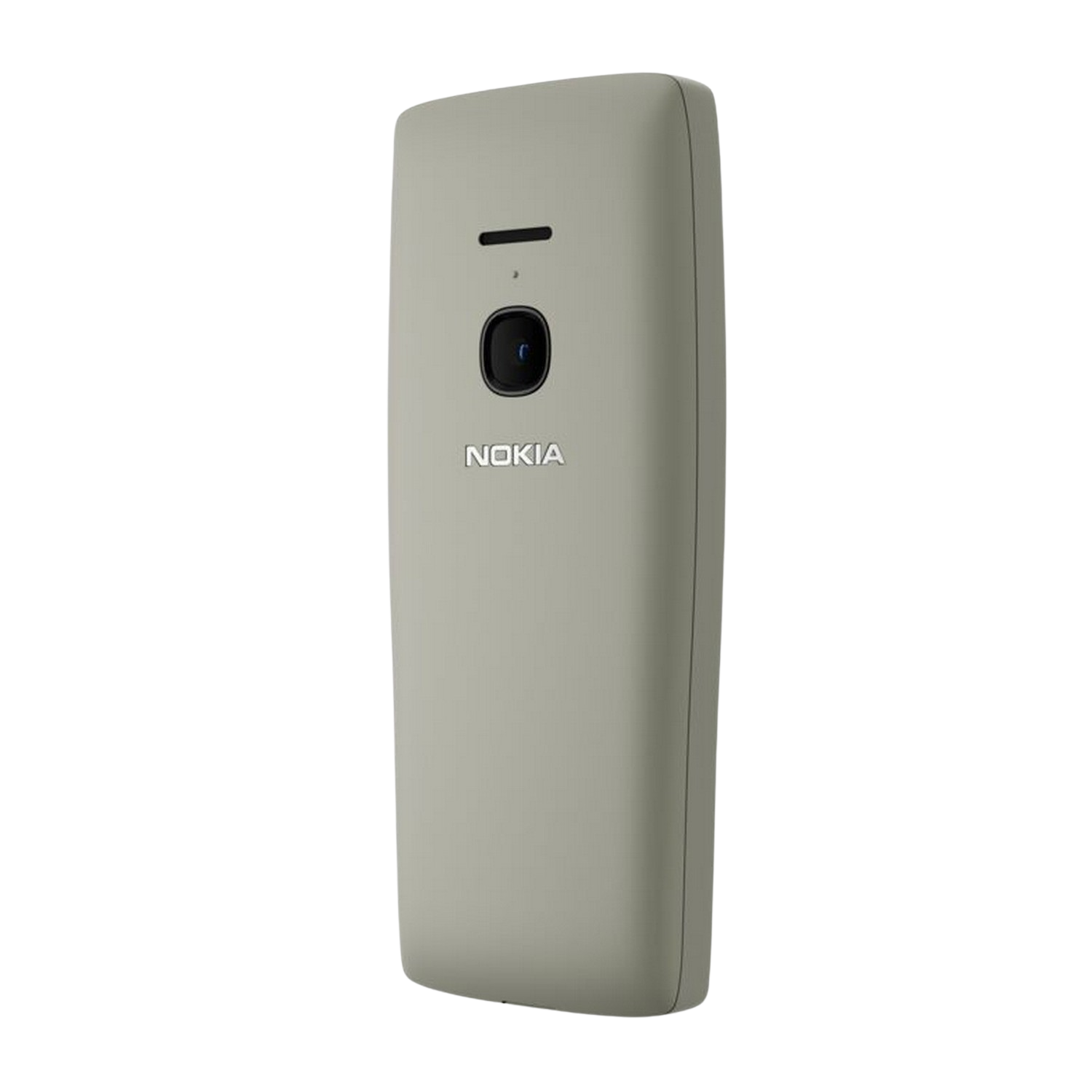 Telefono Nokia grigio chiaro con fotocamera e logo Nokia. Lo sfondo è nero.