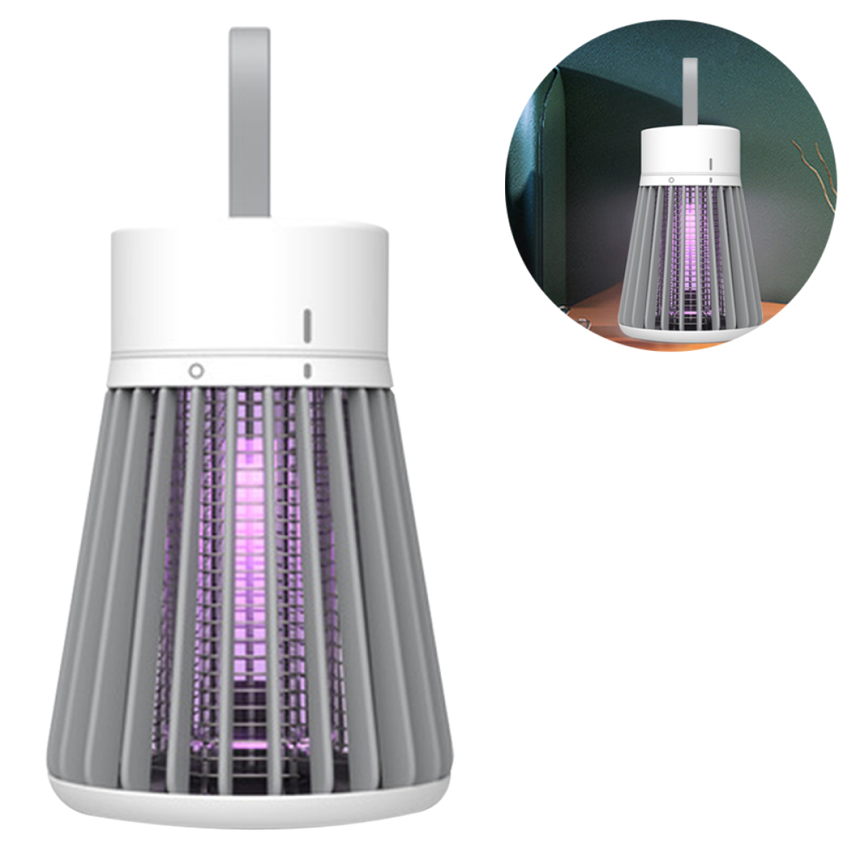 Mückenvernichter-Lampe mit grauem und weißem Design und einem lila Licht im Inneren.