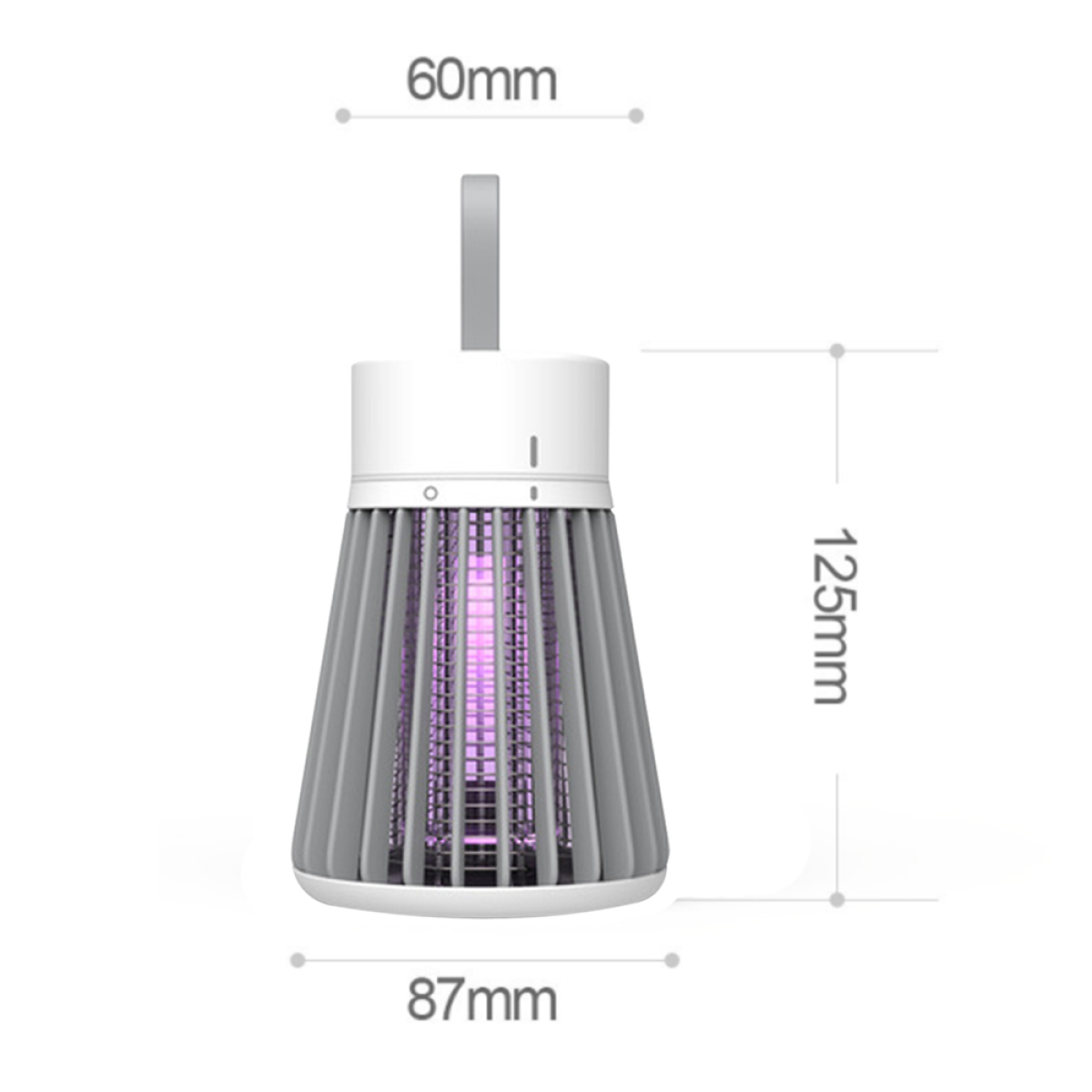 Eine Moskitokillerlampe mit Abmessungen, grau und weiß. Lila Licht scheint von innen.