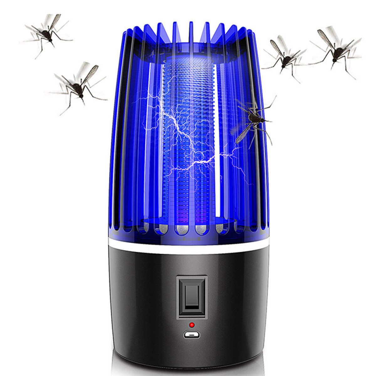 Blaue Mückenvernichtungslampe mit Insekten drumherum. Schwarze Basis, Schalter und Ladeanschluss.