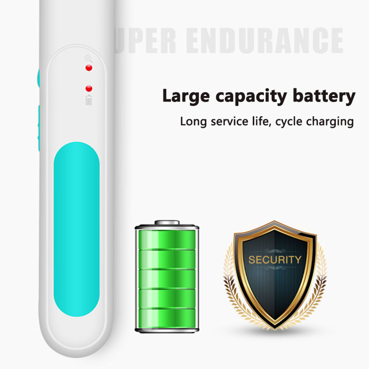 Batterie- und Schildsymbole mit Text. Text besagt: große Kapazität Batterie. Zyklusladung.