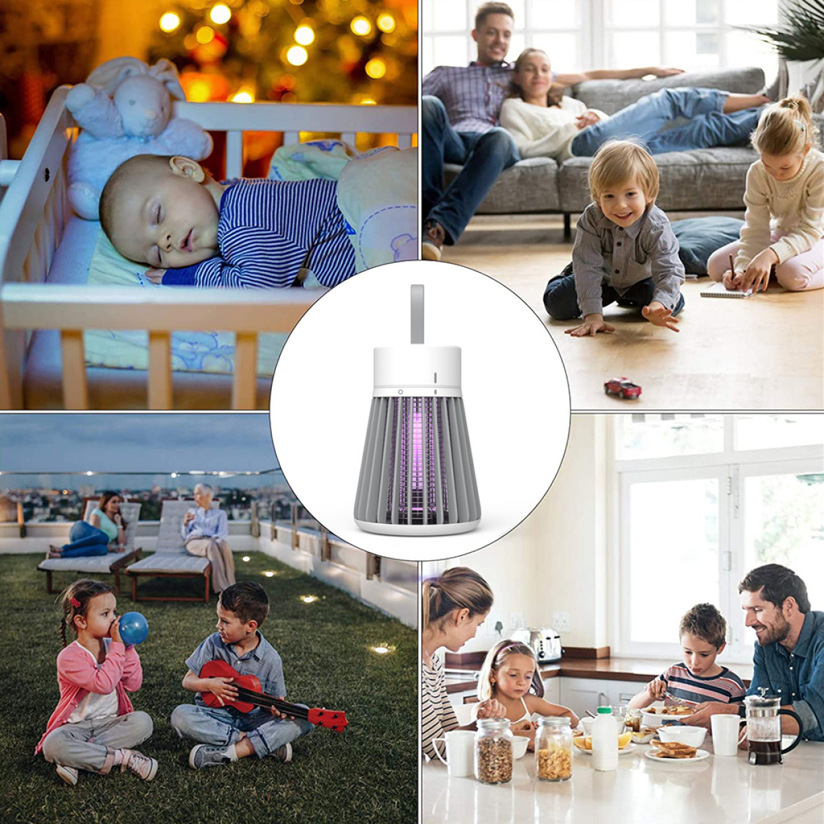 Vier Fotos: ein Baby, das in einem Kinderbett schläft, eine Familie auf einem Sofa, Kinder, die auf dem Rasen spielen, und eine Familie an einem Tisch.