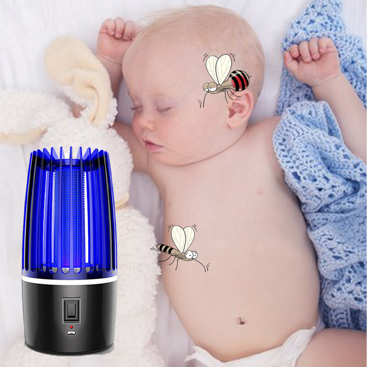 Ein Baby schläft mit einem Mückenschutzgerät und Cartoon-Mücken auf dem Baby gezeichnet.