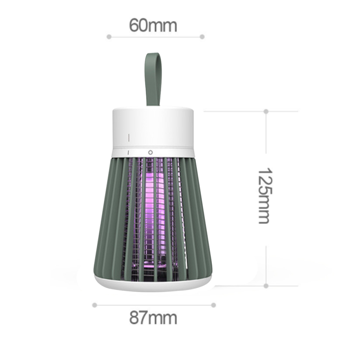 Grüne und weiße Moskitokillerlampe mit Abmessungen, mit violettem Licht im Inneren.