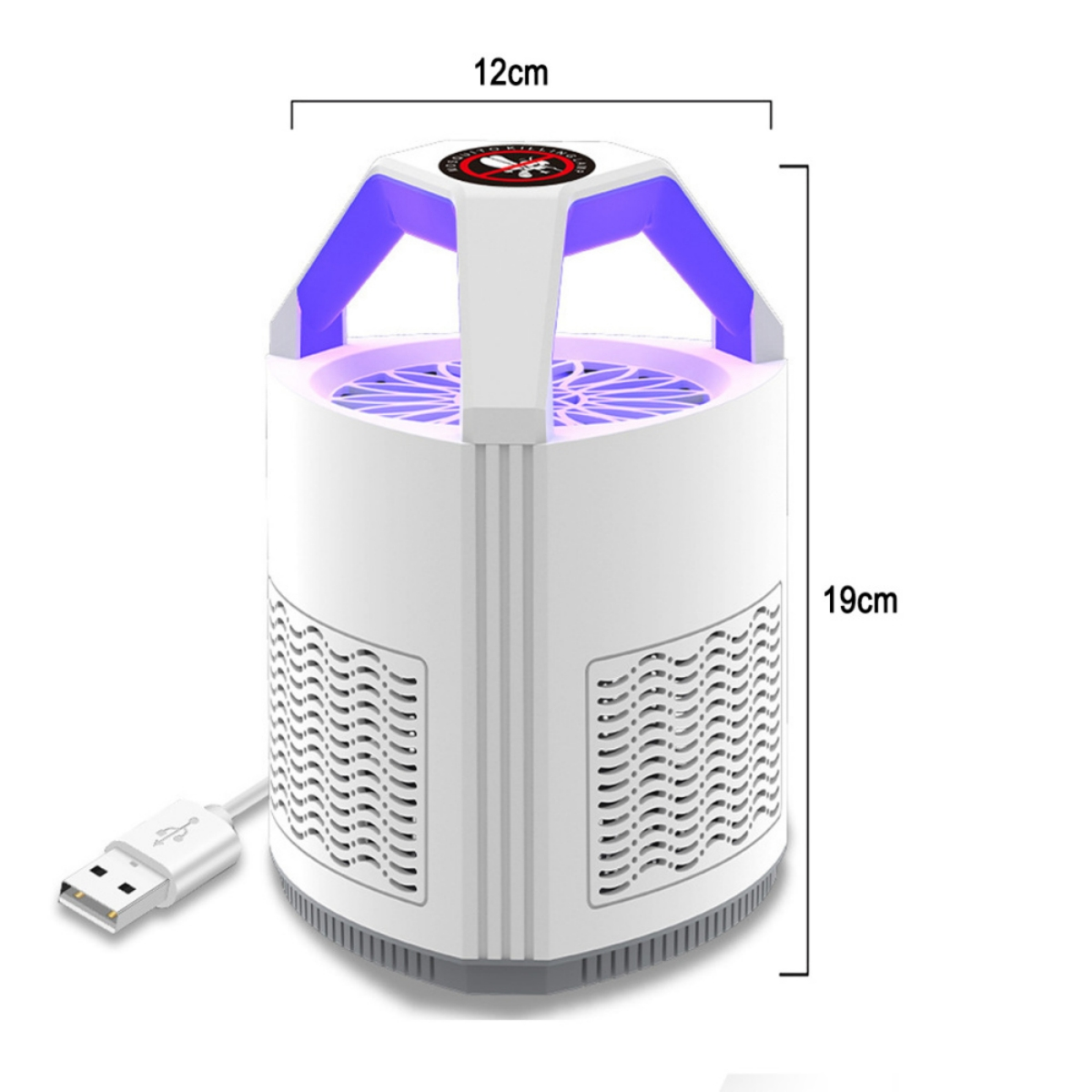 Weißer zylindrischer Mückenfänger mit blauen UV-Lichtern, mit beschrifteten Abmessungen und USB-Kabel.