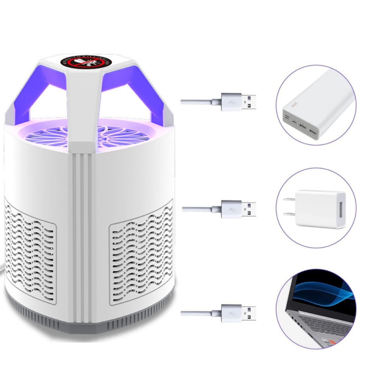 Ein weißer Insektenvernichter mit blauem Licht und mehreren USB-Kabeln, sowie einer Powerbank und einem Adapter.