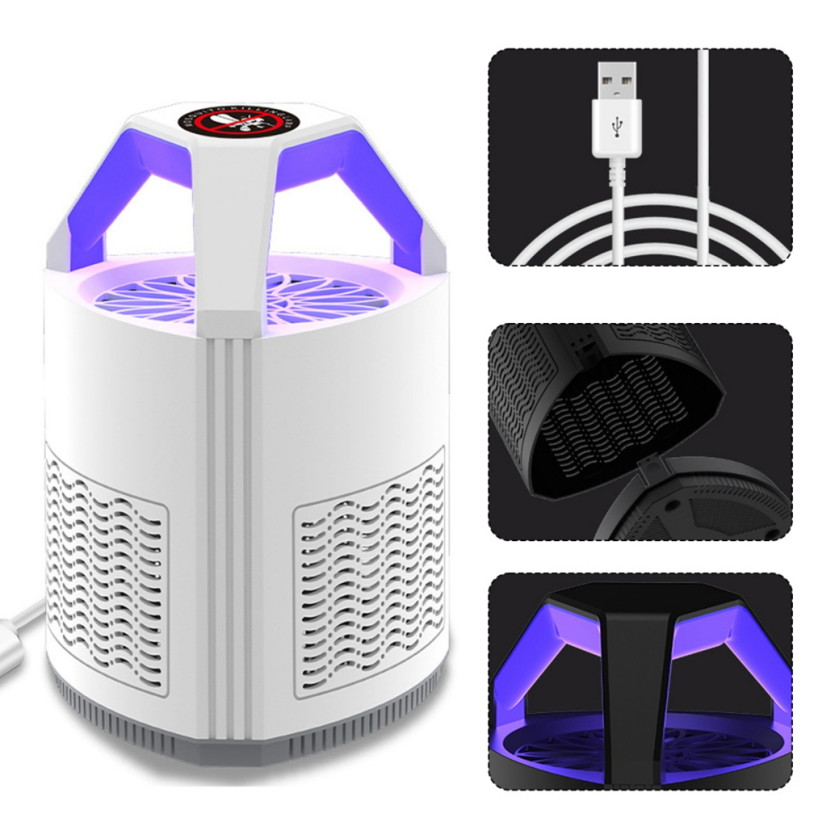 Weißer Insektenvernichter mit lila Licht, USB-Anschluss und Griff. Details des Inneren werden gezeigt.