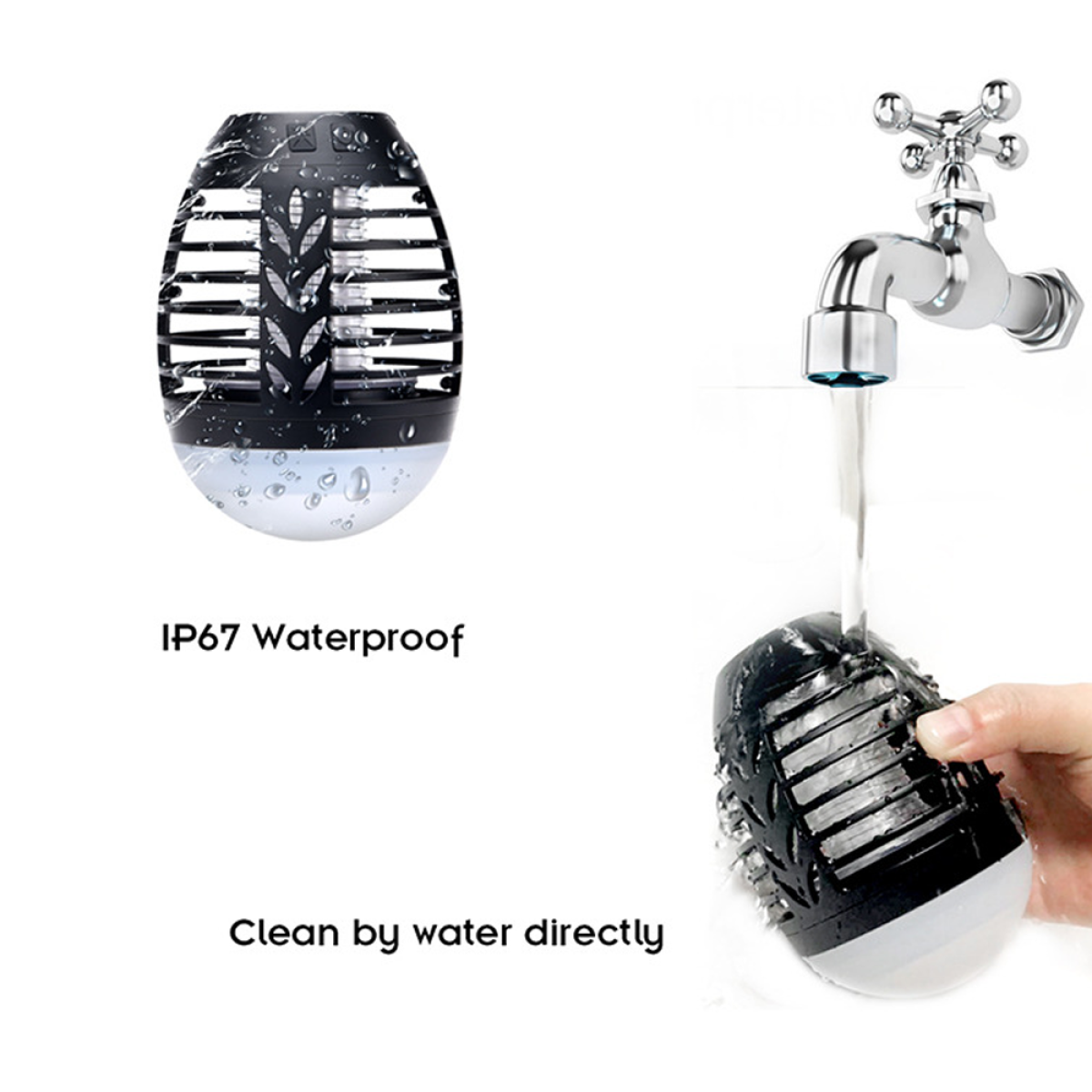 Schwarzer Insektenvernichter mit Wasser, das von einem Wasserhahn darüber läuft. Zeigt IP67 Wasserdicht und reinigen mit Wasser.