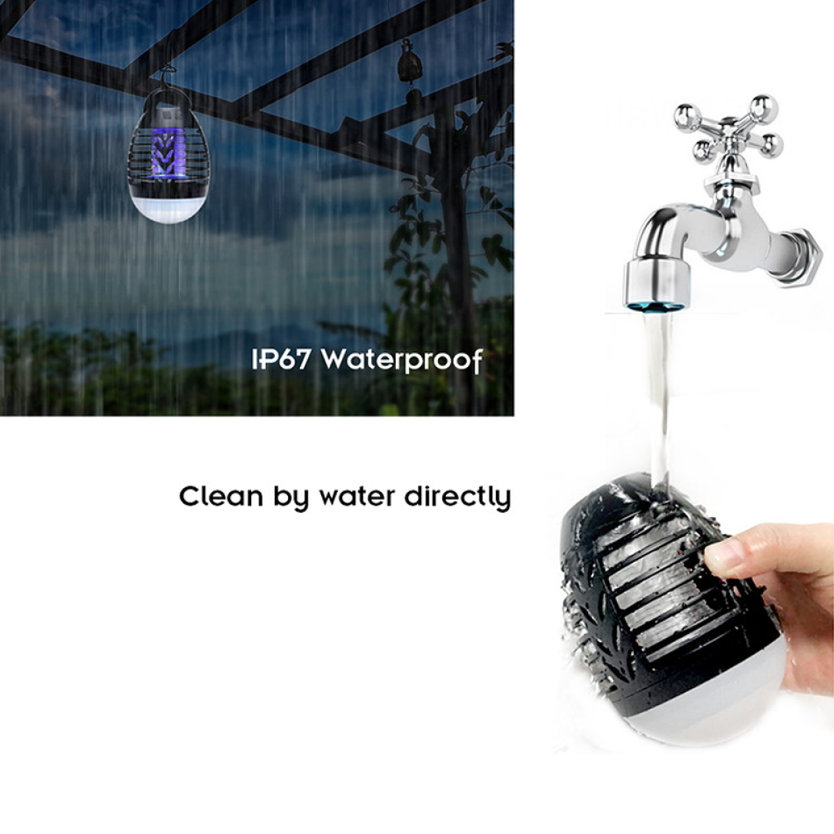 Hängender Mückentöter. Wasserhahn reinigt ihn. Regen und Wassertropfen im Hintergrund.