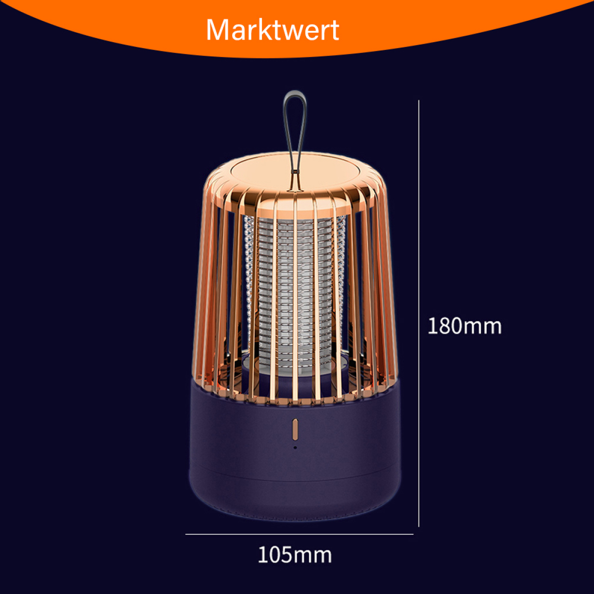 Eine Moskitokillerlampe mit Abmessungen, Gold und Dunkelblau. Text: Marktvert.