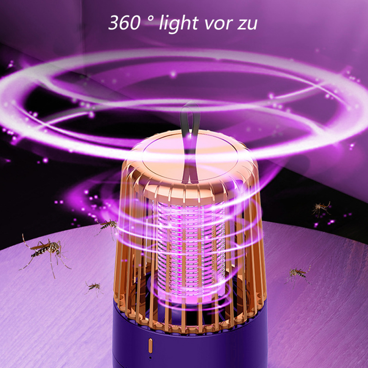 Insektenvernichter, der violettes Licht aussendet. Mücken fliegen um das Licht.