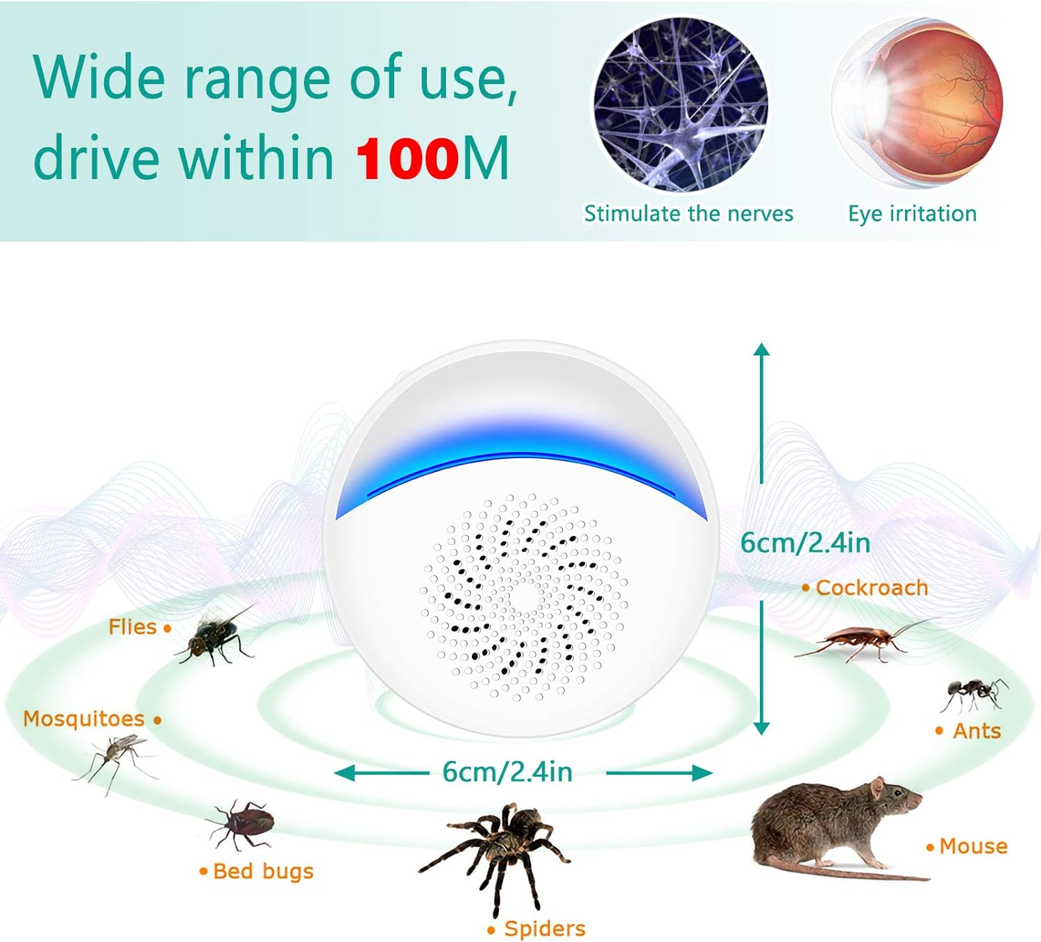 Weißes Schädlingsbekämpfungsgerät mit blauem Licht, umgeben von Insekten und Etiketten.