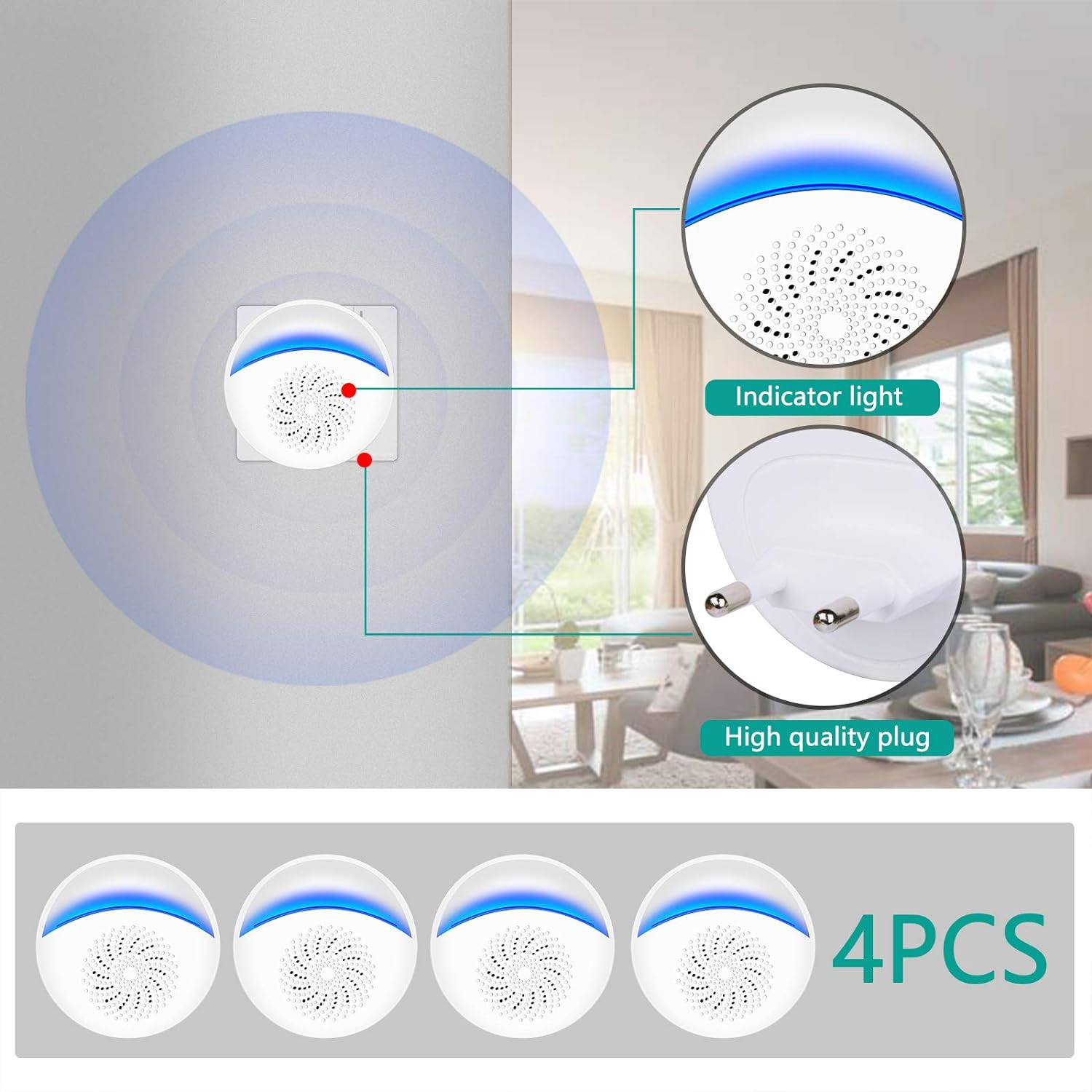 Weißer Smart-Stecker mit Kontrollleuchte und hochwertigem Stecker, 4 Stück.