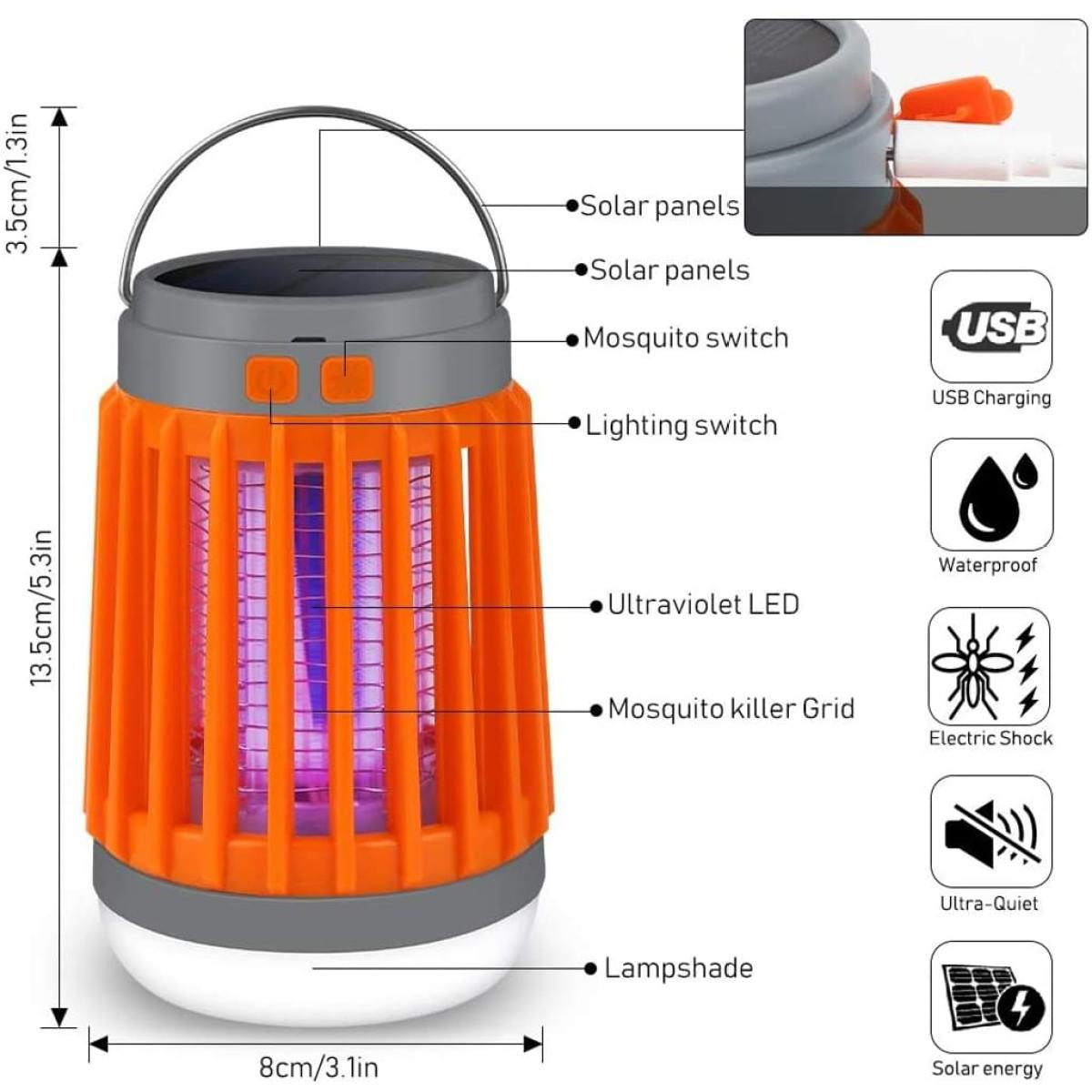 Orange-graue Mückenvernichter-Lampe mit Abmessungen. Sie hat einen Griff und LED-Beleuchtung.