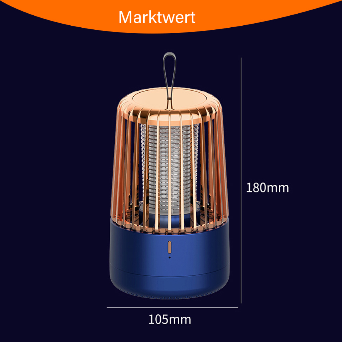 Eine blaue und goldene Mückenvernichterlampe mit Maßen und dem Wort 'Marktwert'.