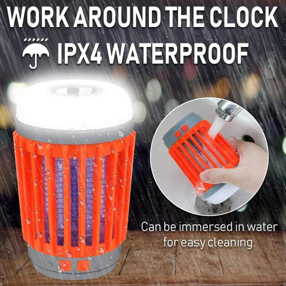 Orangener und grauer Insektenvernichter mit orangefarbenem Gitter und weißem Oberteil. Zeigt das Eintauchen in Wasser.