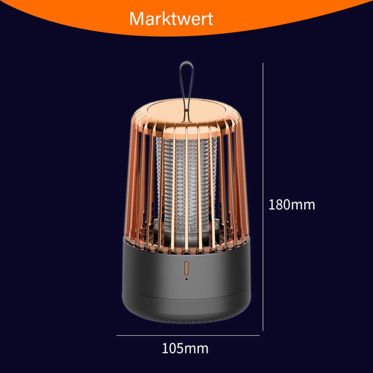 Ein schwarzer und kupferfarbener Insektenvernichter. Es hat einen Griff, die Abmessungen betragen 180x105 mm.