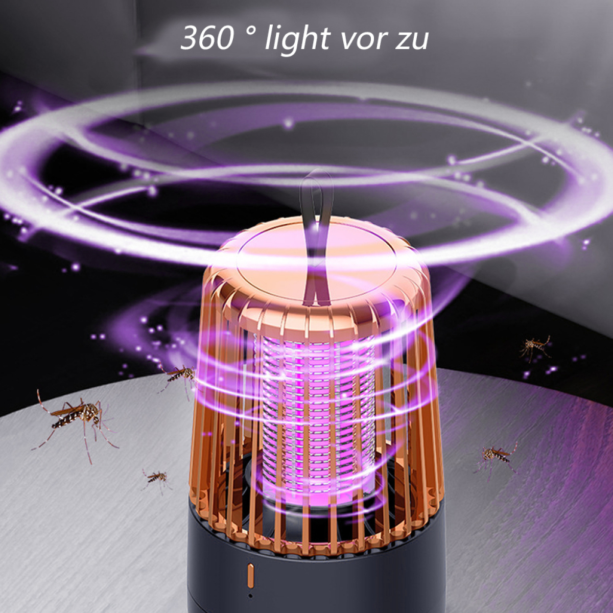 Eine Mückenvernichtungslampe mit lila Licht. Mücken umgeben sie. Die Lampe hat einen goldenen Käfig.