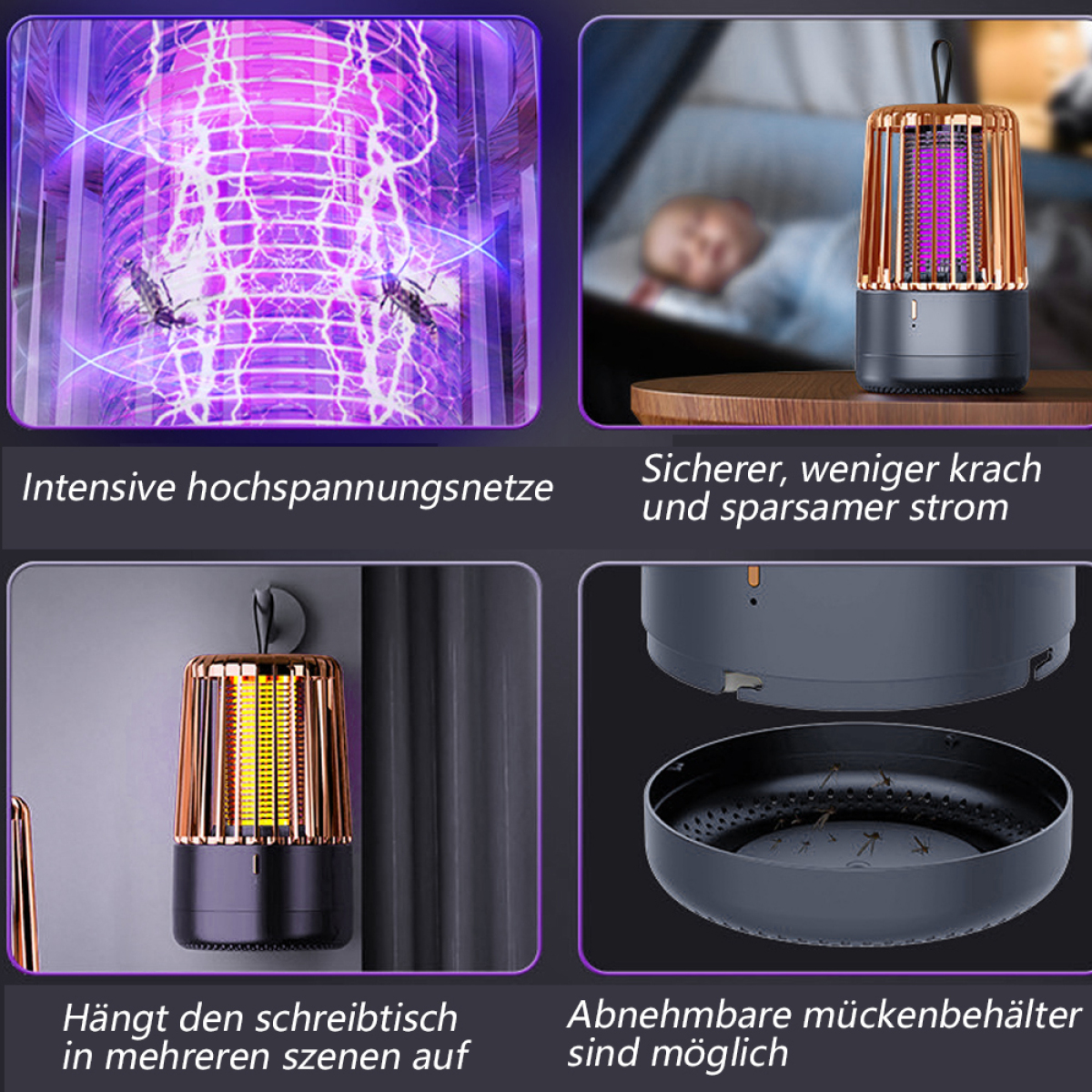 Ein Moskitokiller mit lila Licht und goldfarbenem Oberteil. Er hängt im Rahmen.