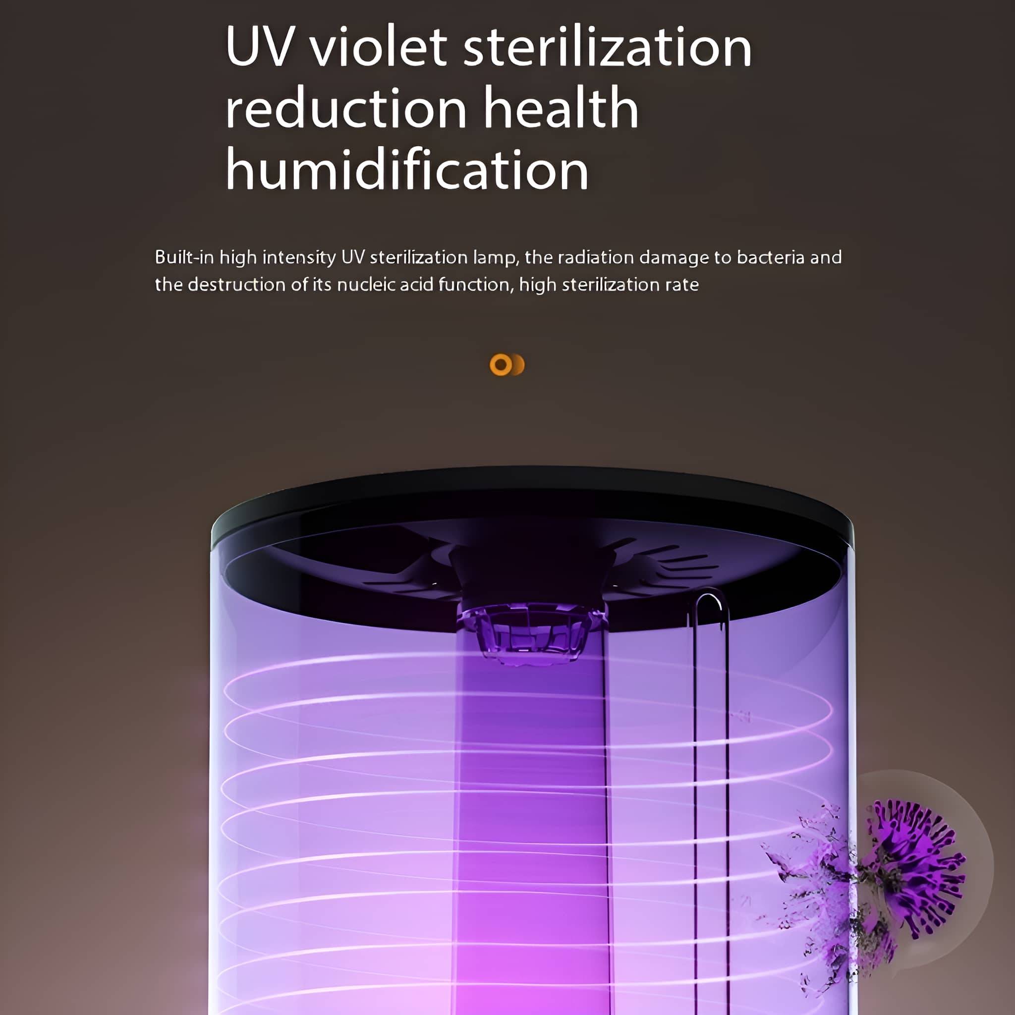 UV-Sterilisator mit violettem Licht, Text: UV-Violett-Sterilisation, Reduktion, Gesundheit, Befeuchtung.