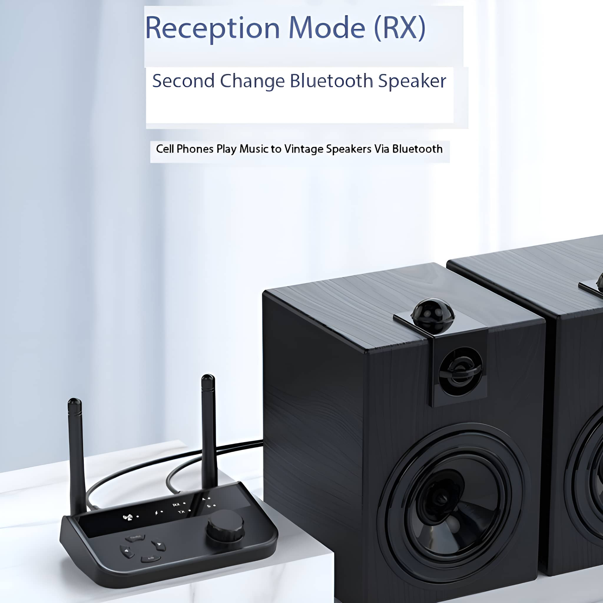 Schwarzes Lautsprechersystem mit Steuereinheit und Text über die Musikwiedergabe über Bluetooth.